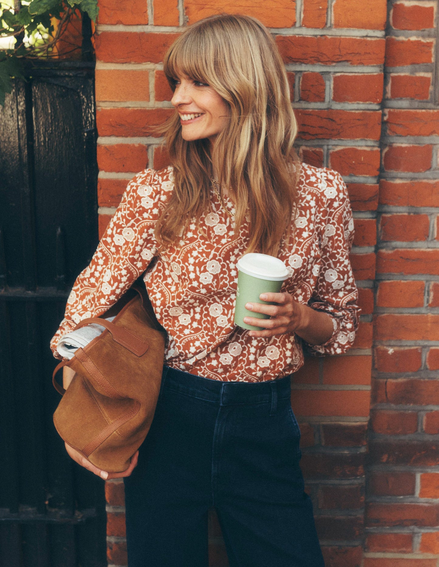 Embroidered Cotton Dobby Top-Brown