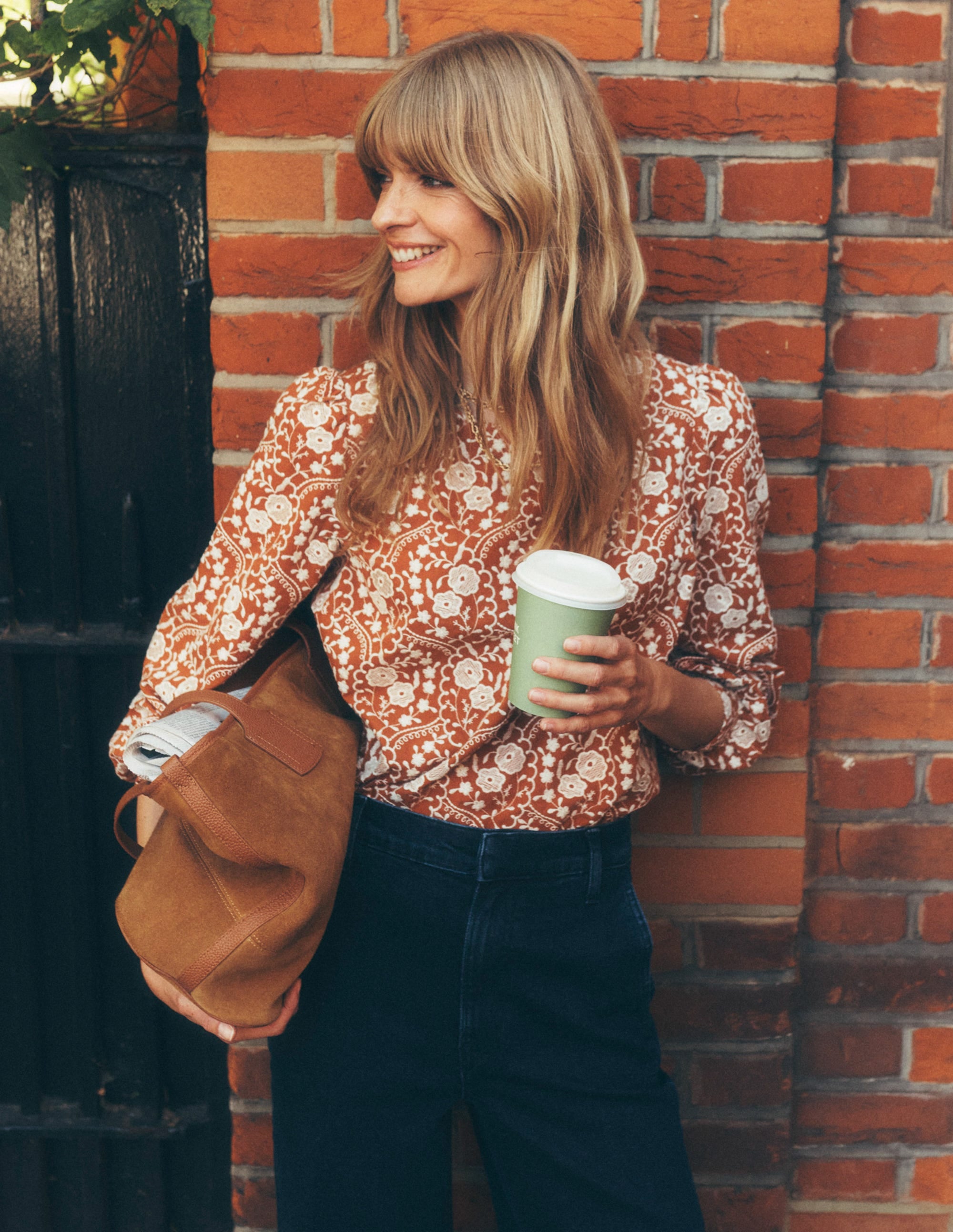 Embroidered Cotton Dobby Top-Brown - Image 6