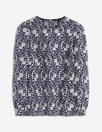 Embroidered Cotton Dobby Top-Navy-6