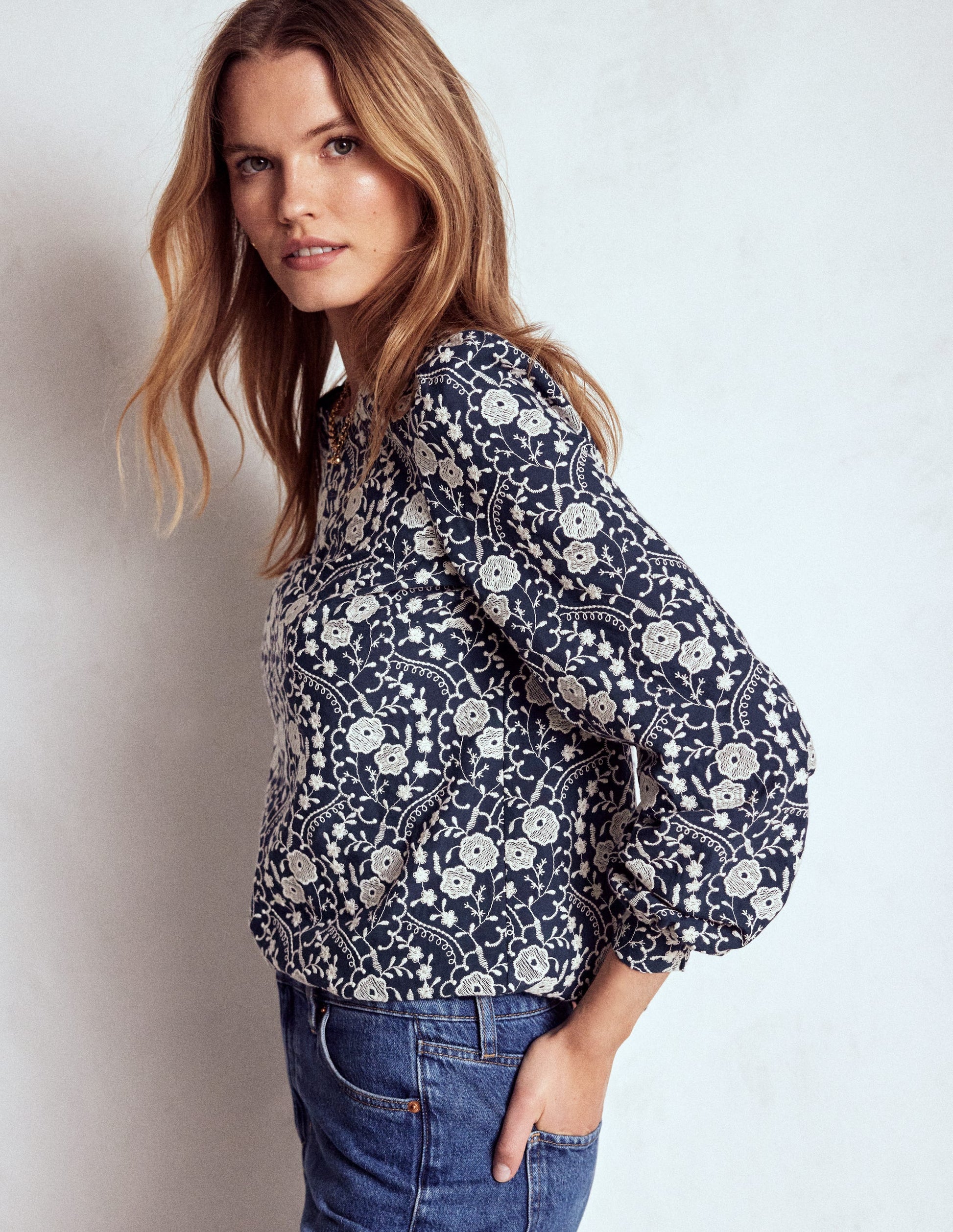 Embroidered Cotton Dobby Top-Navy-1