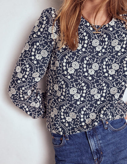 Embroidered Cotton Dobby Top-Navy-2