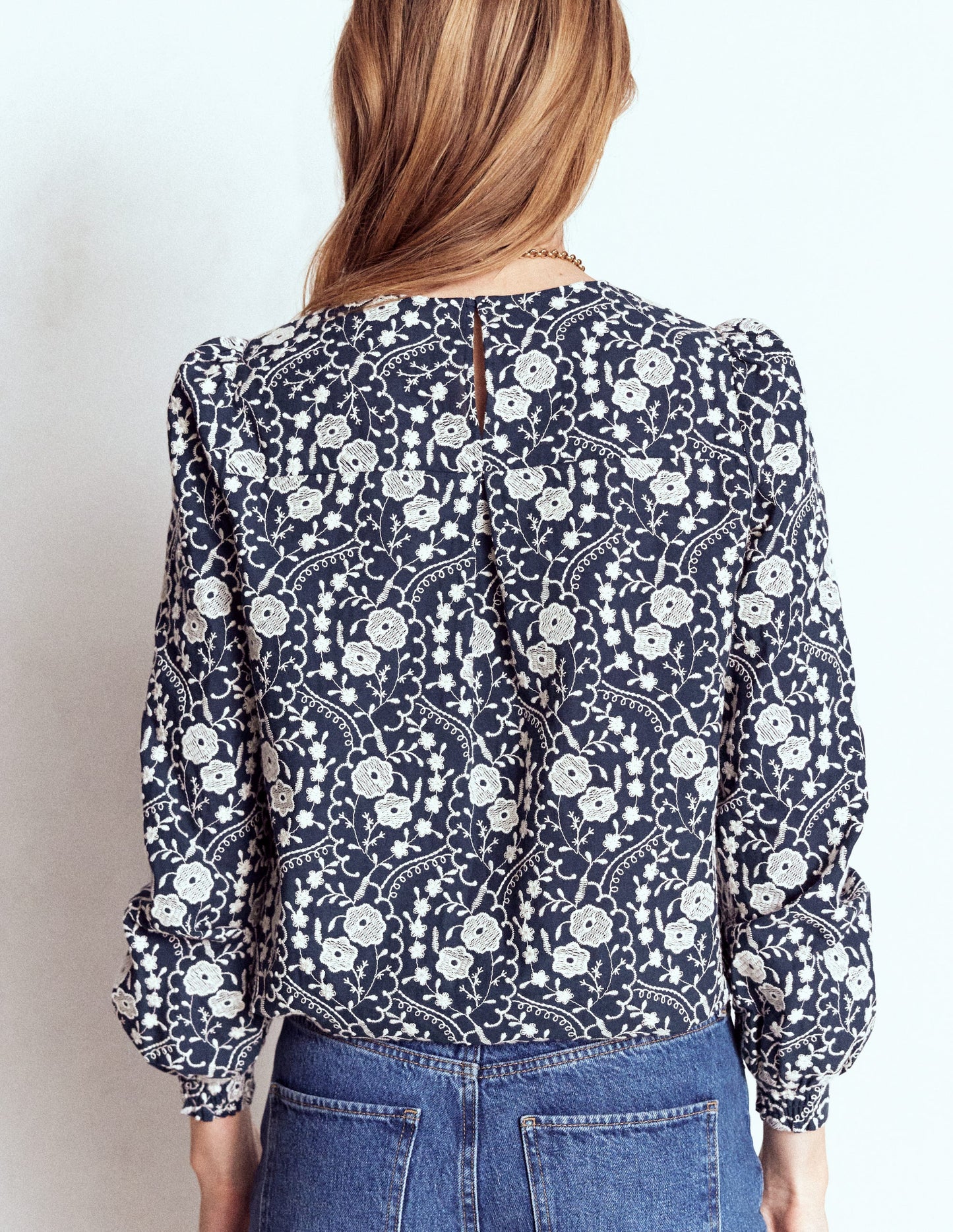 Embroidered Cotton Dobby Top-Navy