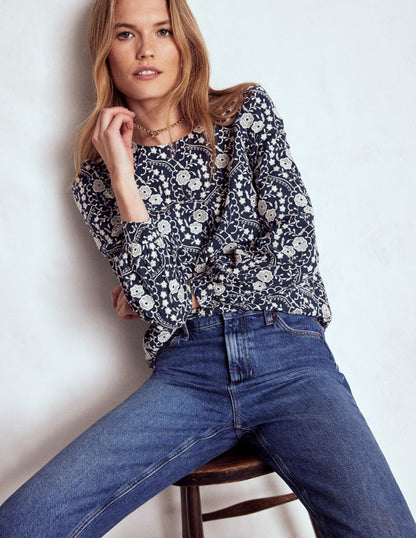 Embroidered Cotton Dobby Top-Navy-4