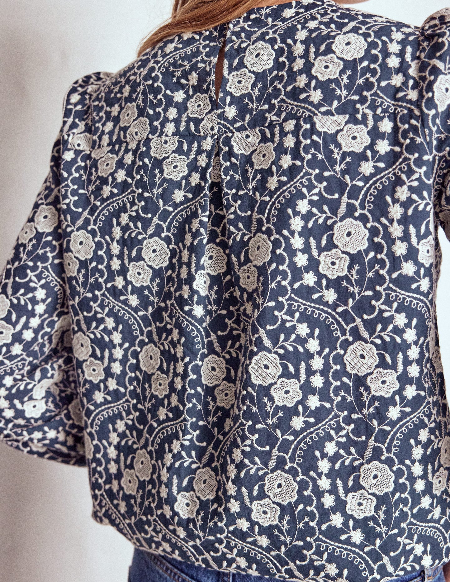 Embroidered Cotton Dobby Top-Navy