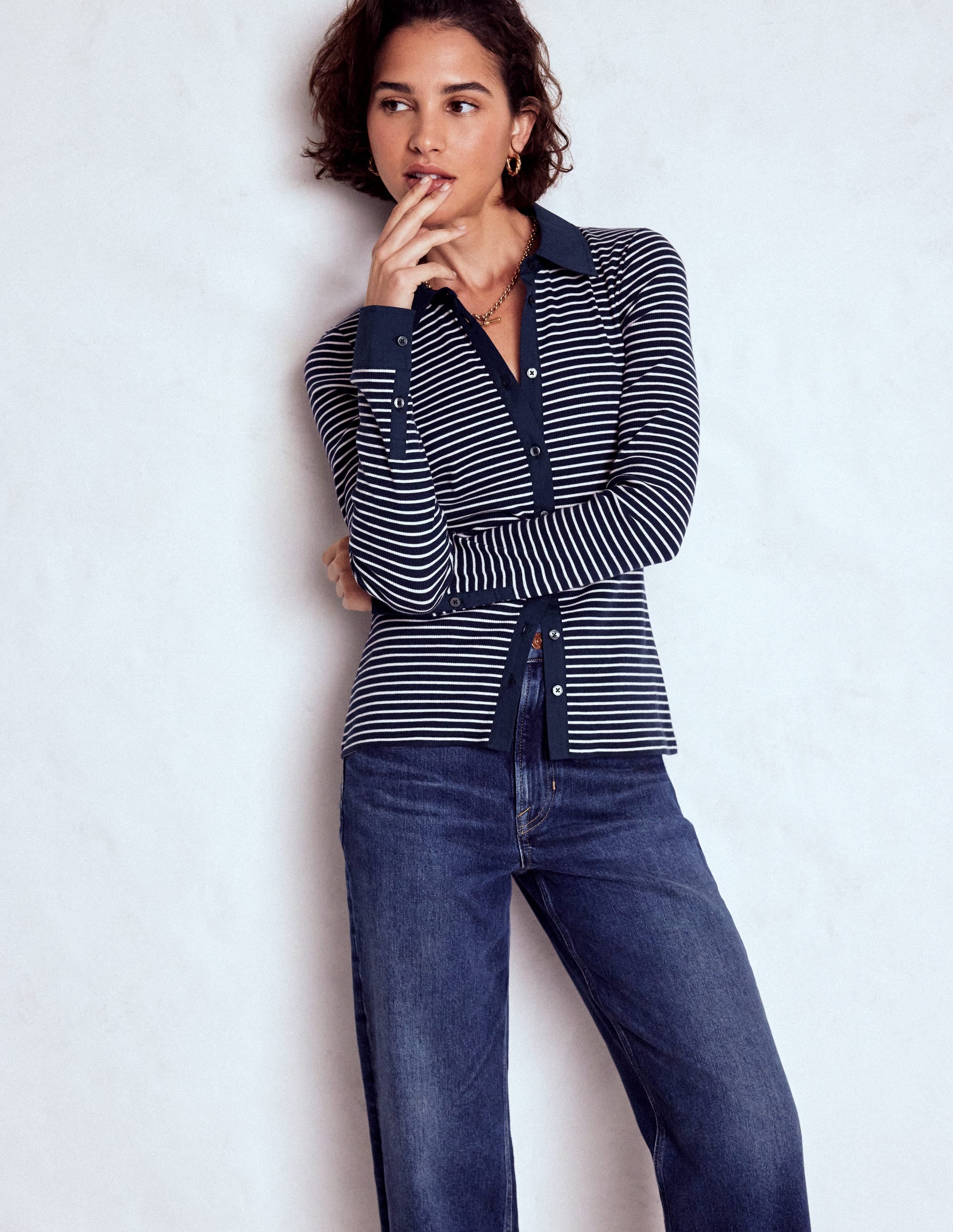 Collared Button Through Top-Navy and Ivory Stripe - Image 1