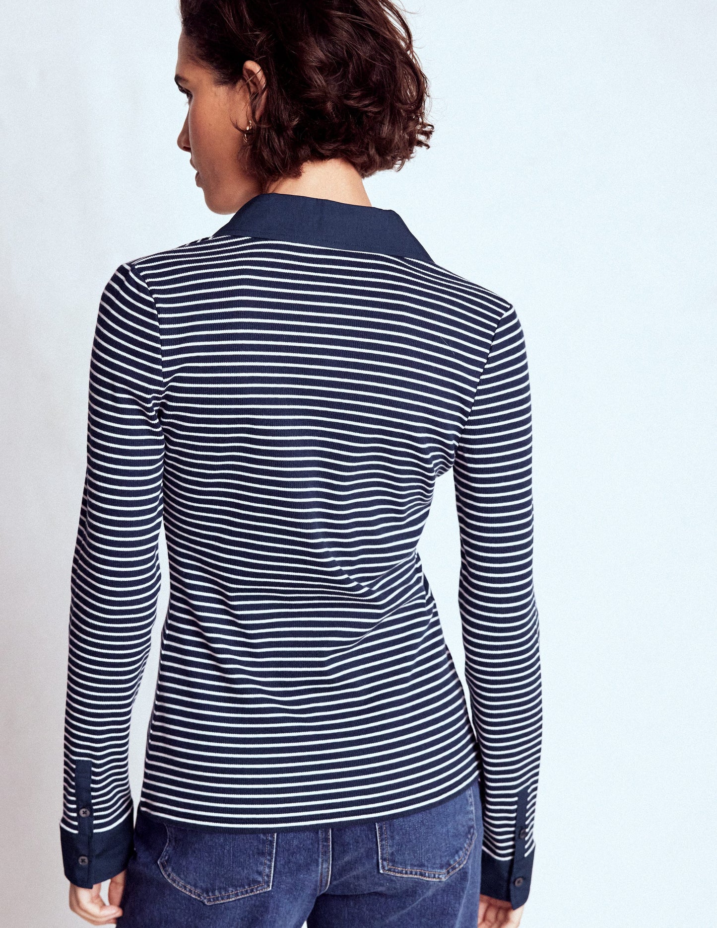 Collared Button Through Top-Navy and Ivory Stripe