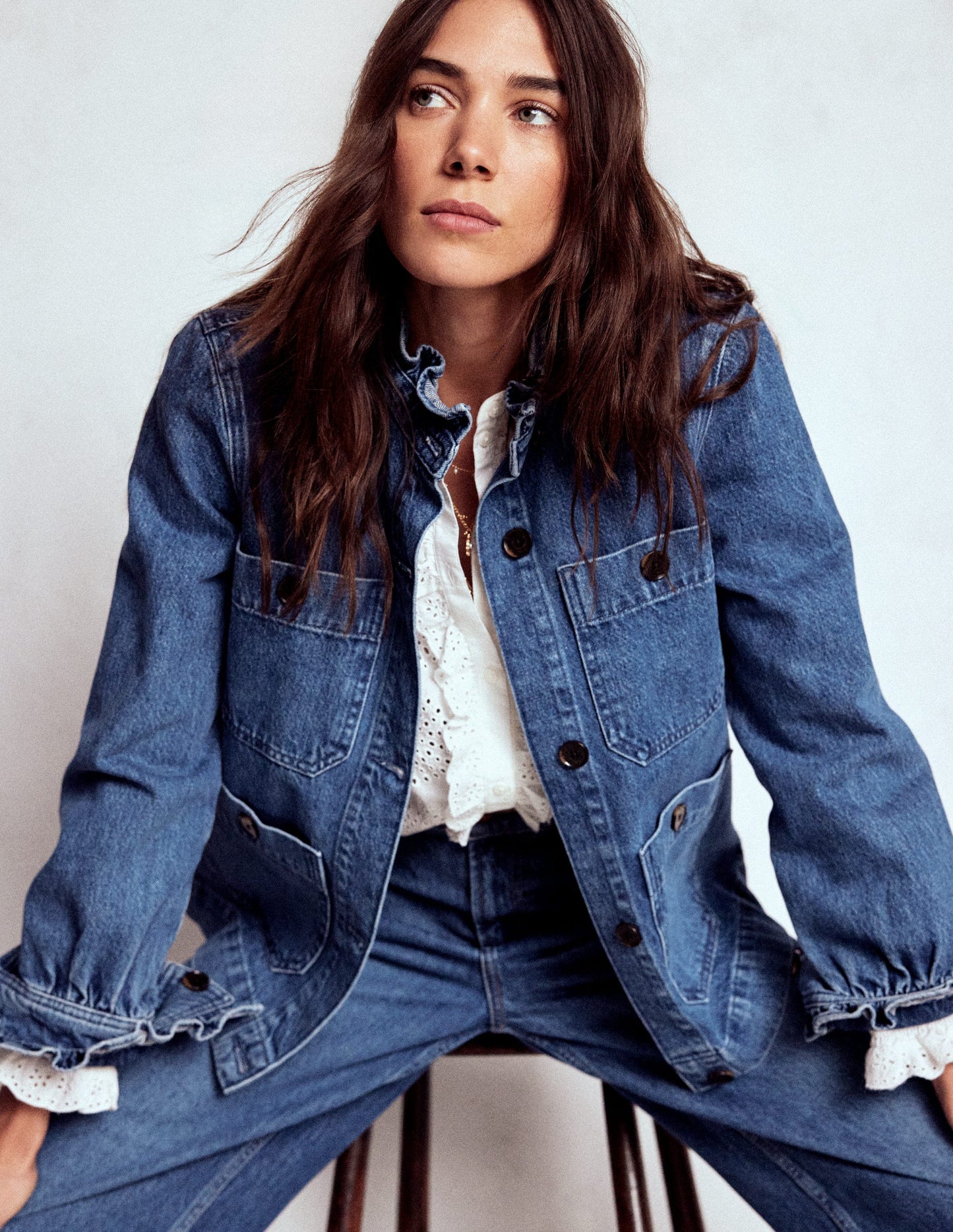 Denim Frill Collar Jacket-Mid Wash