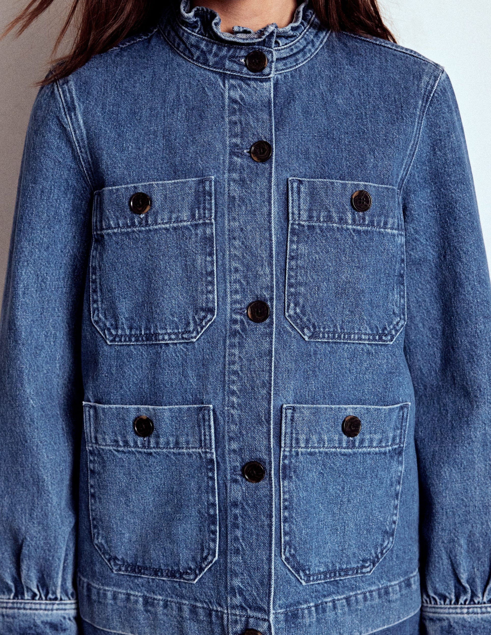 Denim Frill Collar Jacket-Mid Wash-5