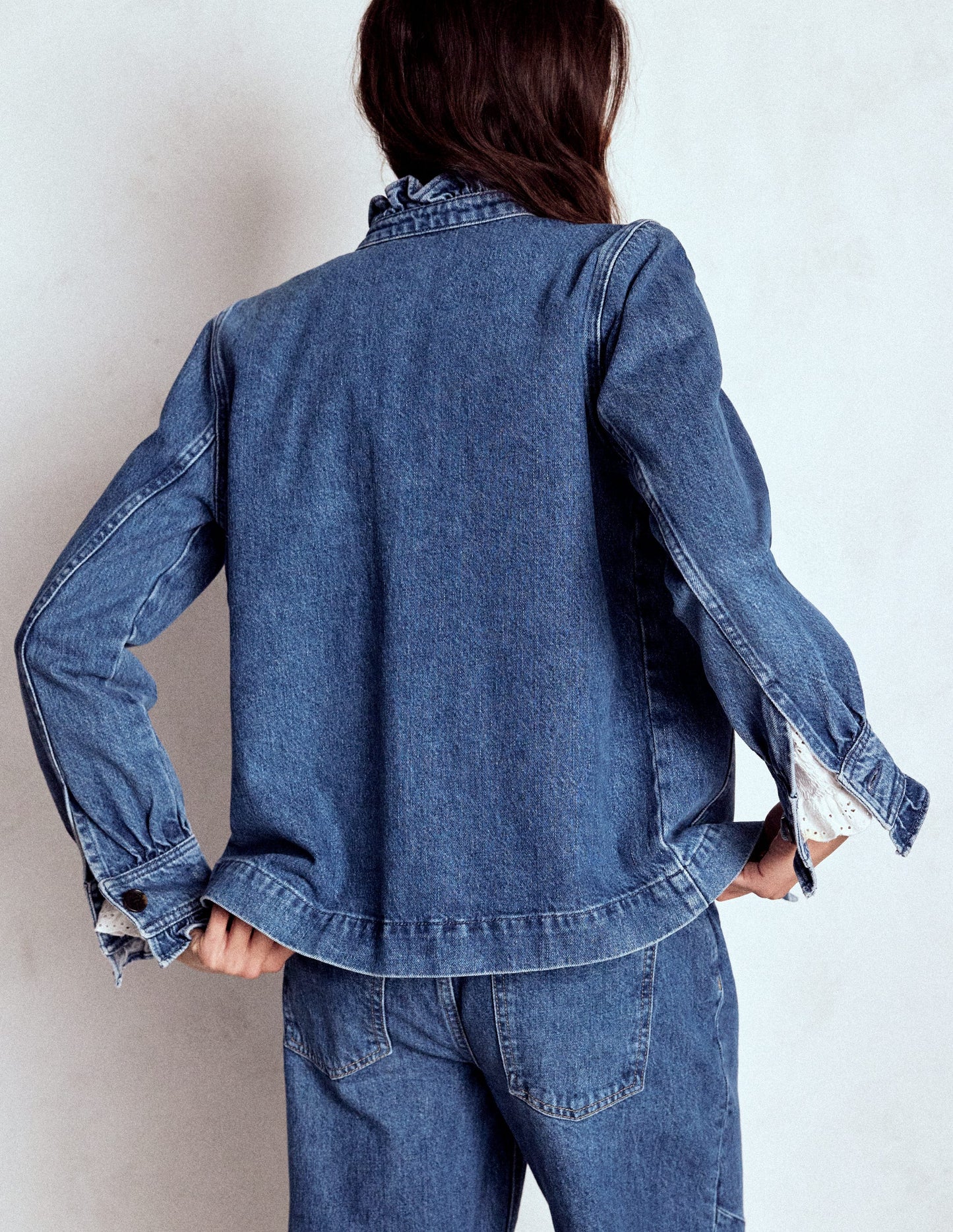 Denim Frill Collar Jacket-Mid Wash