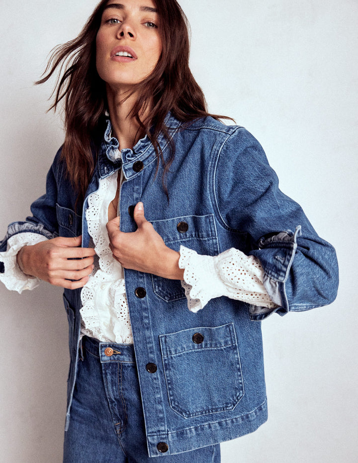 Denim Frill Collar Jacket-Mid Wash