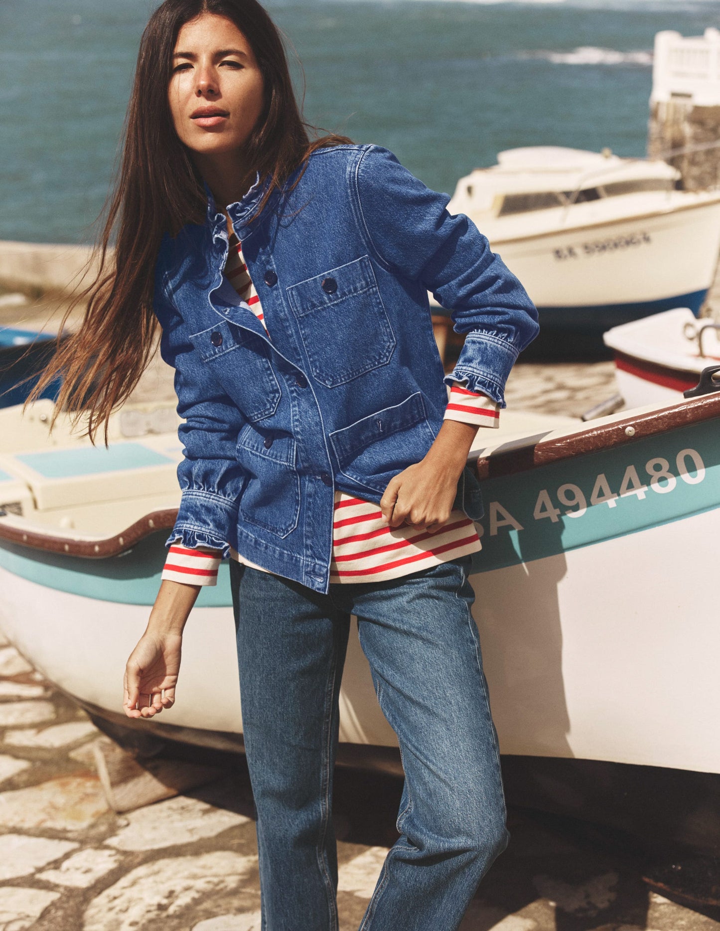 Denim Frill Collar Jacket-Mid Wash