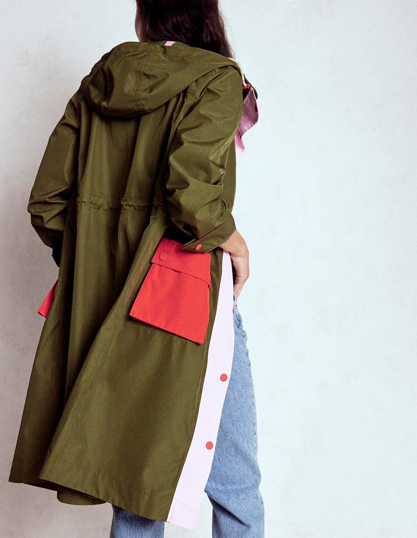 Longline Rain Mac-Khaki Colourblock