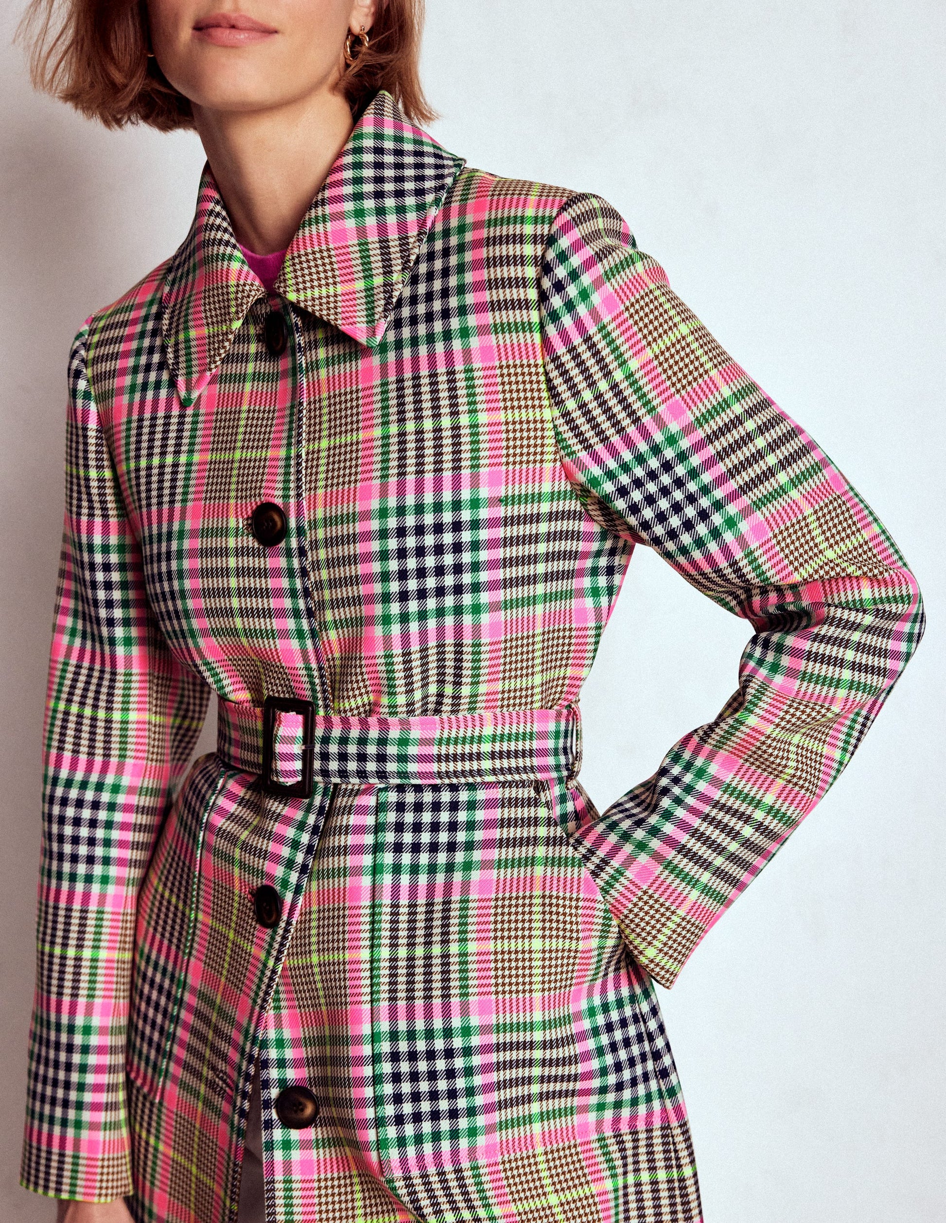 Lancaster Belted Mac-Brown, Neon Pink Check-2