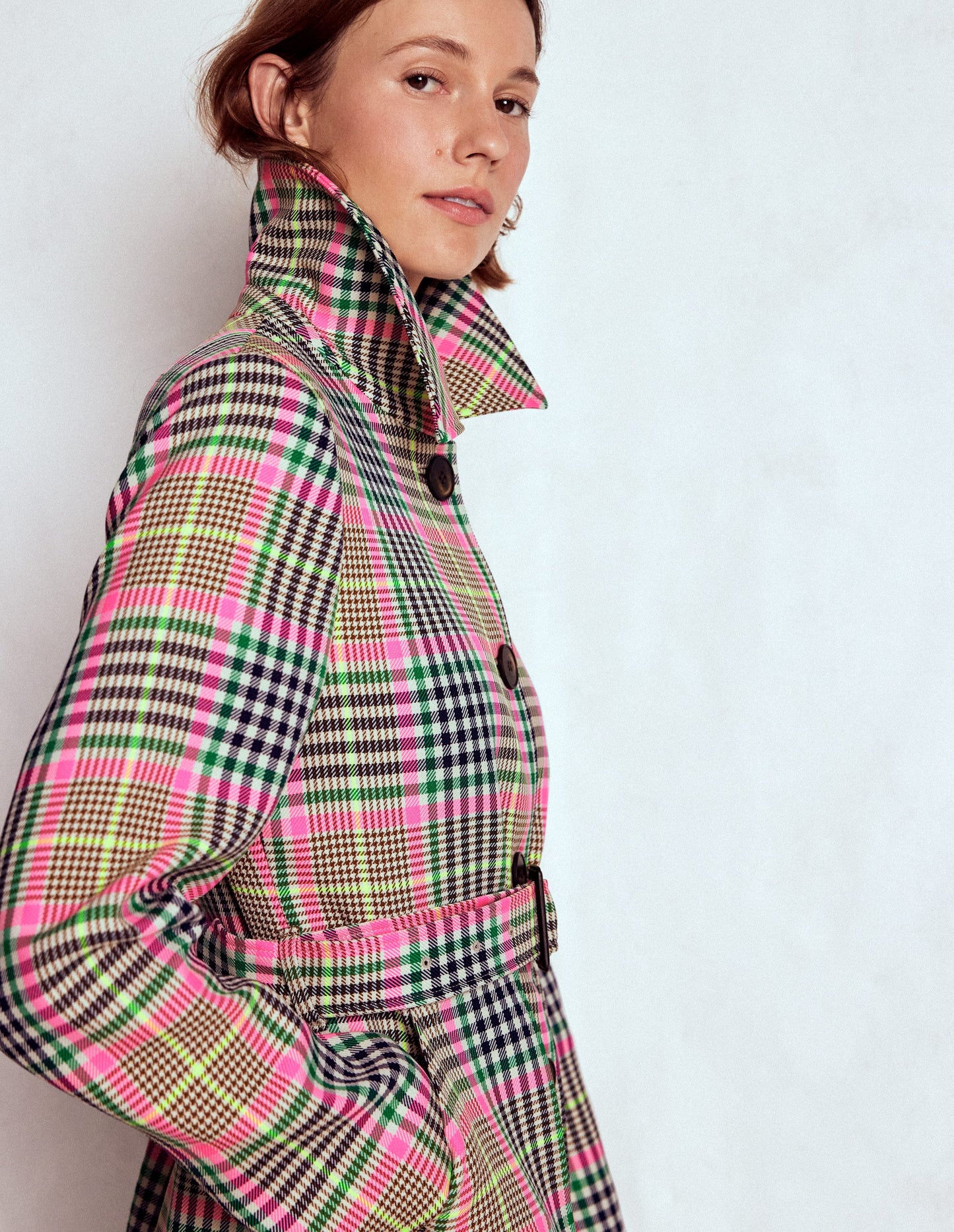 Lancaster Belted Mac-Brown, Neon Pink Check