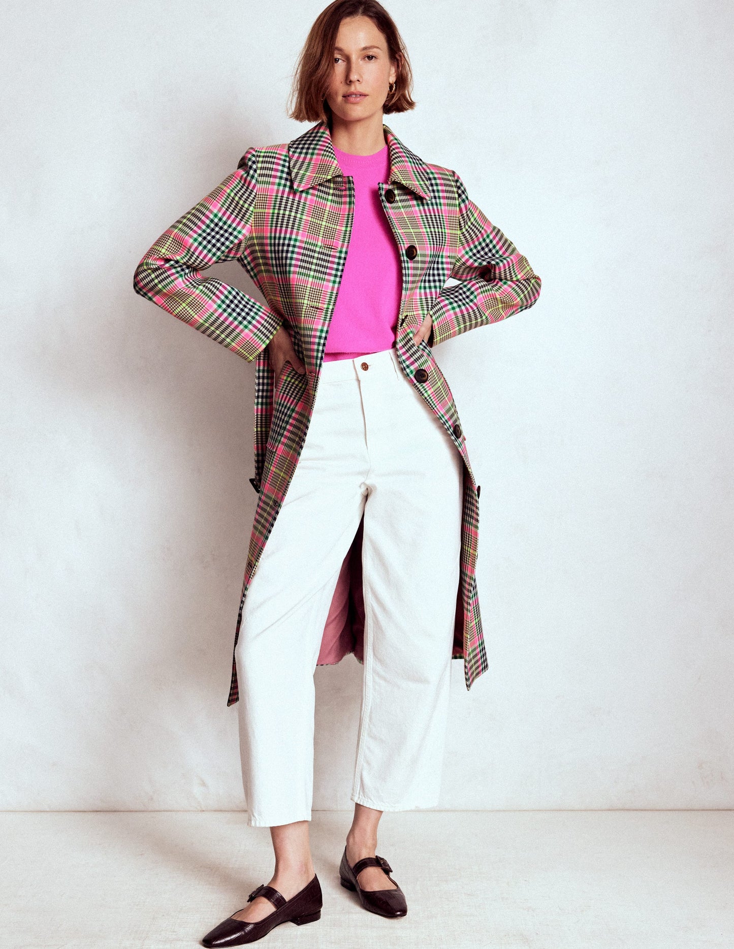 Lancaster Belted Mac-Brown, Neon Pink Check