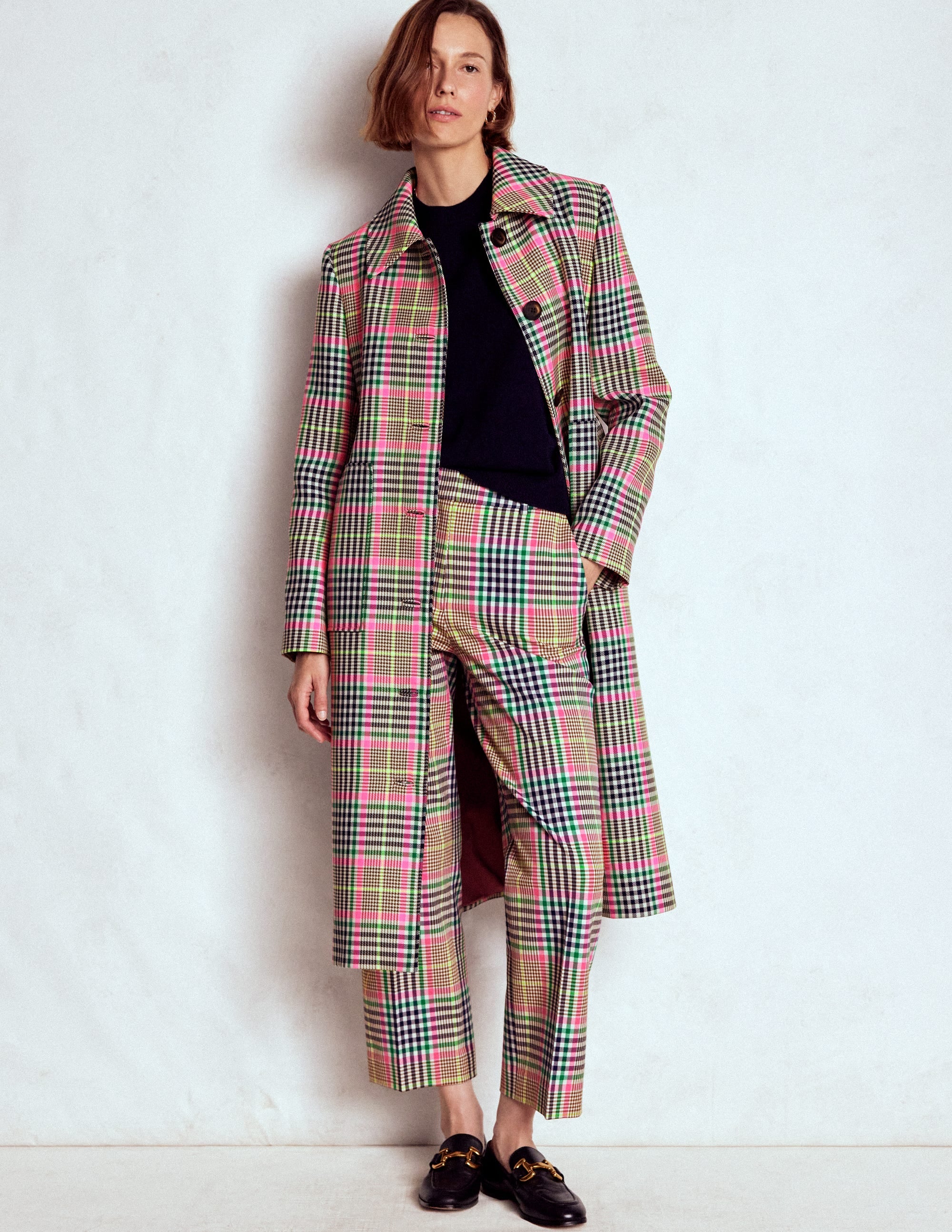 Lancaster Belted Mac-Brown, Neon Pink Check - Image 6