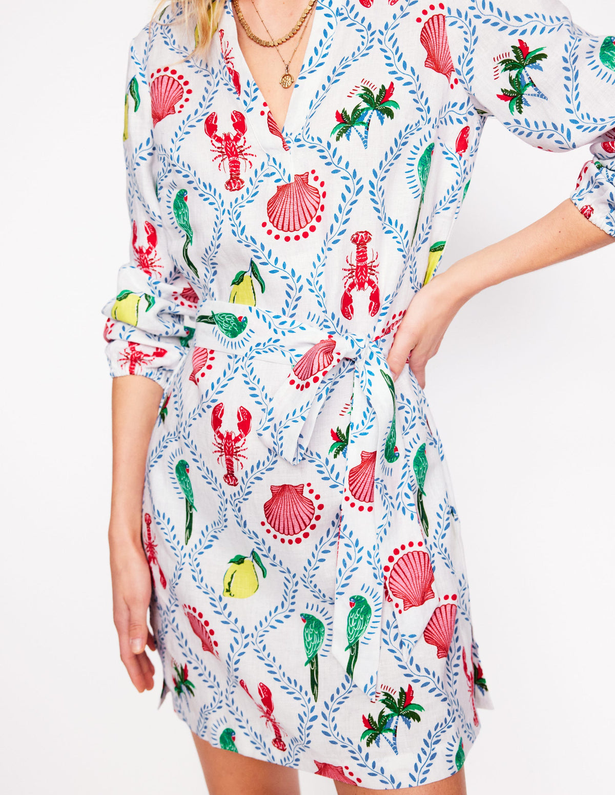 Cleo Linen Tie Waist Dress-Ivory, Tropical Bonanza Vine - Image 2