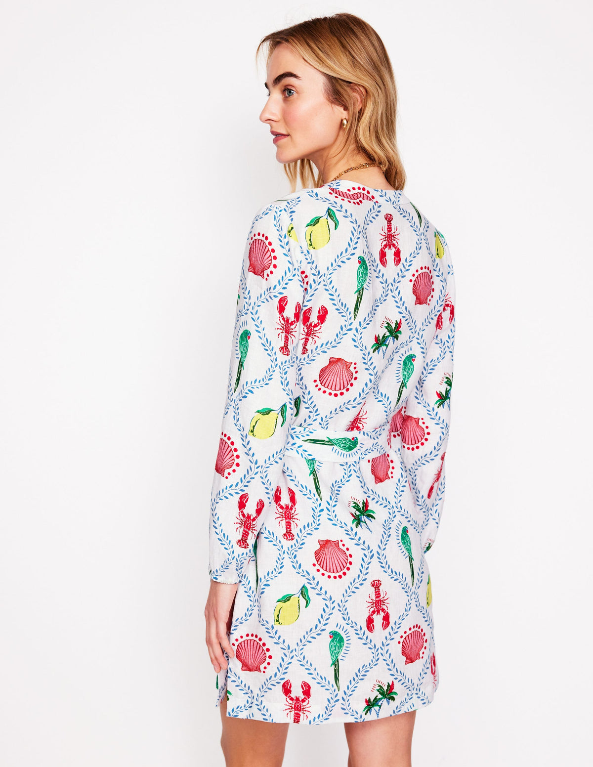 Cleo Linen Tie Waist Dress-Ivory, Tropical Bonanza Vine - Image 3