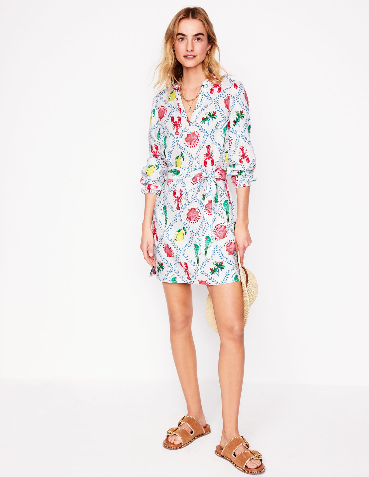 Cleo Linen Tie Waist Dress-Ivory, Tropical Bonanza Vine - Image 4