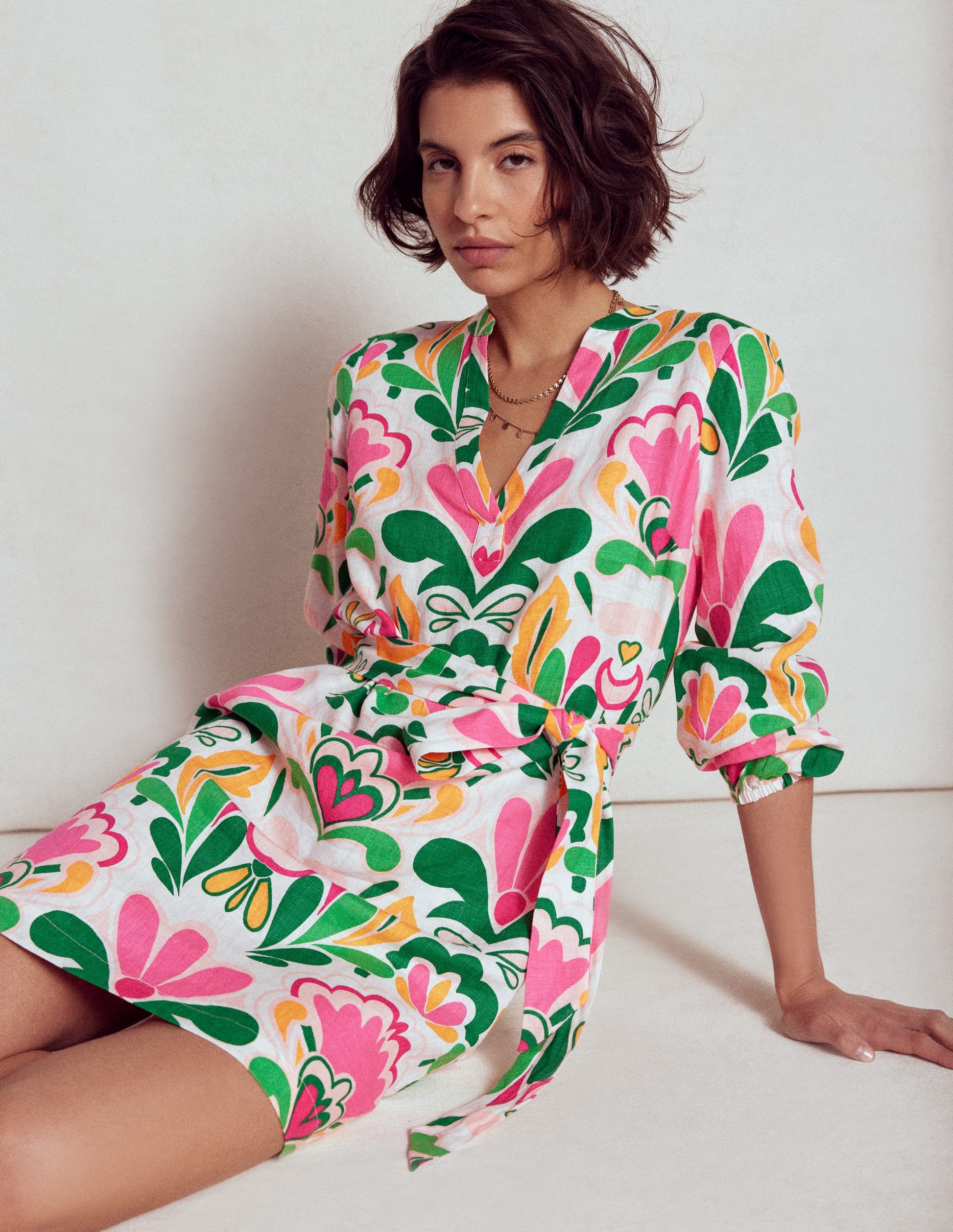 Cleo Linen Tie Waist Dress-Multi, Freesia Stamp Boden USA