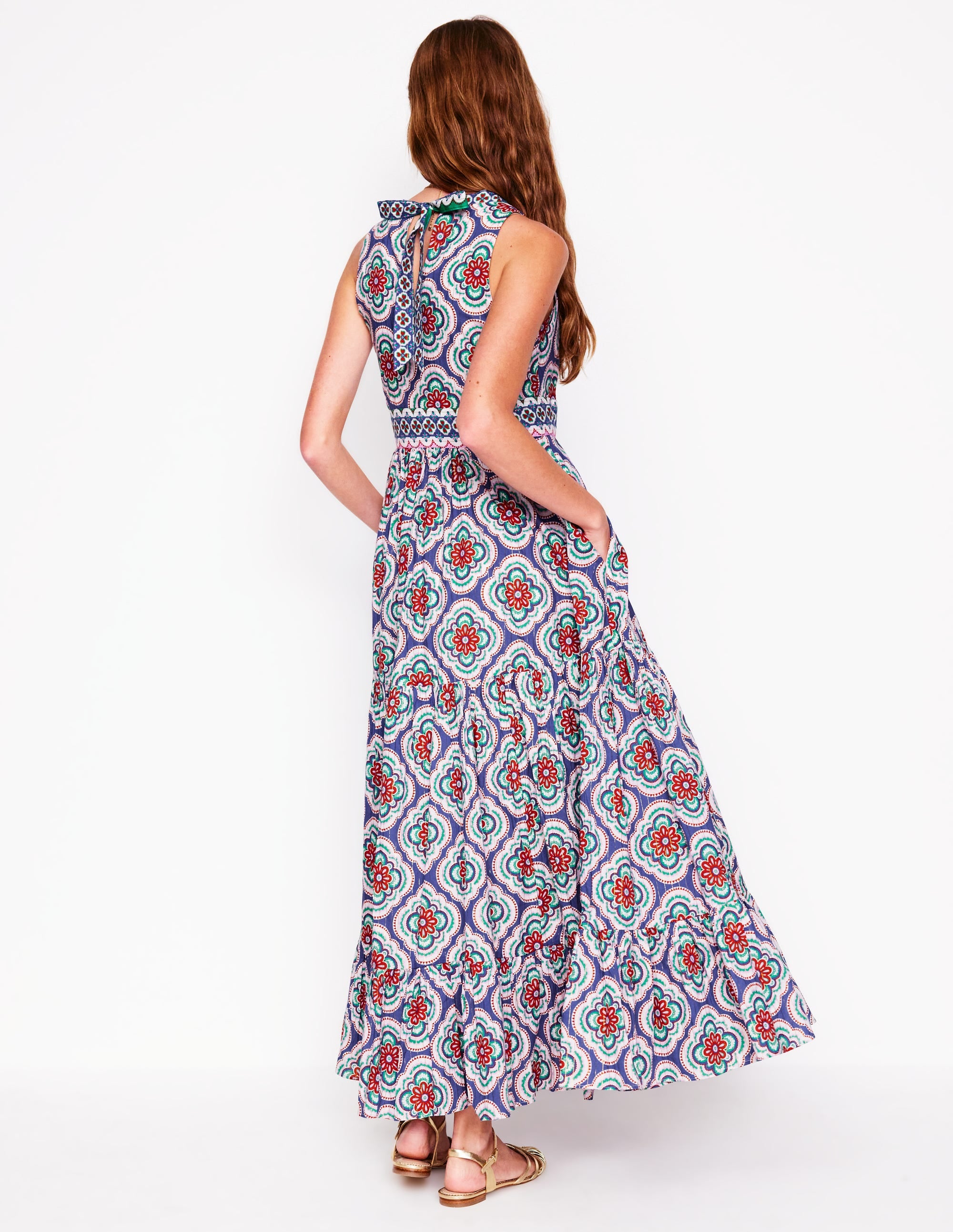 Serena Cotton Tie Maxi Dress-Bright Blue, Botanic Blush - Image 3