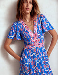 Ellie Flutter Maxi Tea Dress-Kingfisher Blue, Foliage Trail