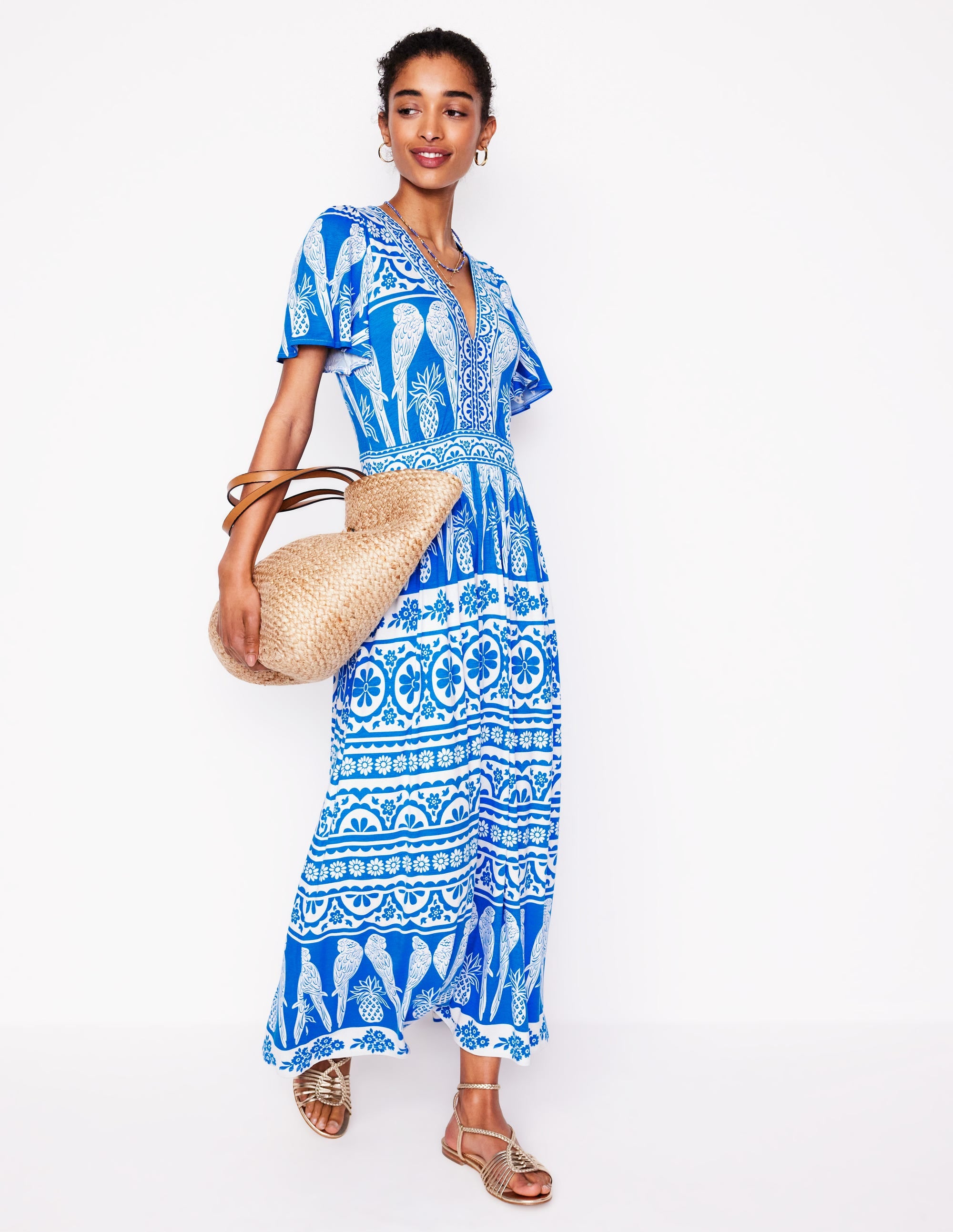 Ellie Flutter Maxi Tea Dress-Cerulean Blue, Ornate Tropics - Image 1