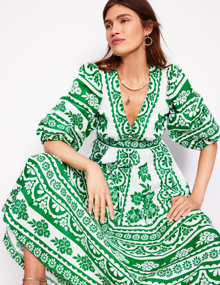 Lola Blouson Maxi Dress-Rich Emerald, Ornate Tropics