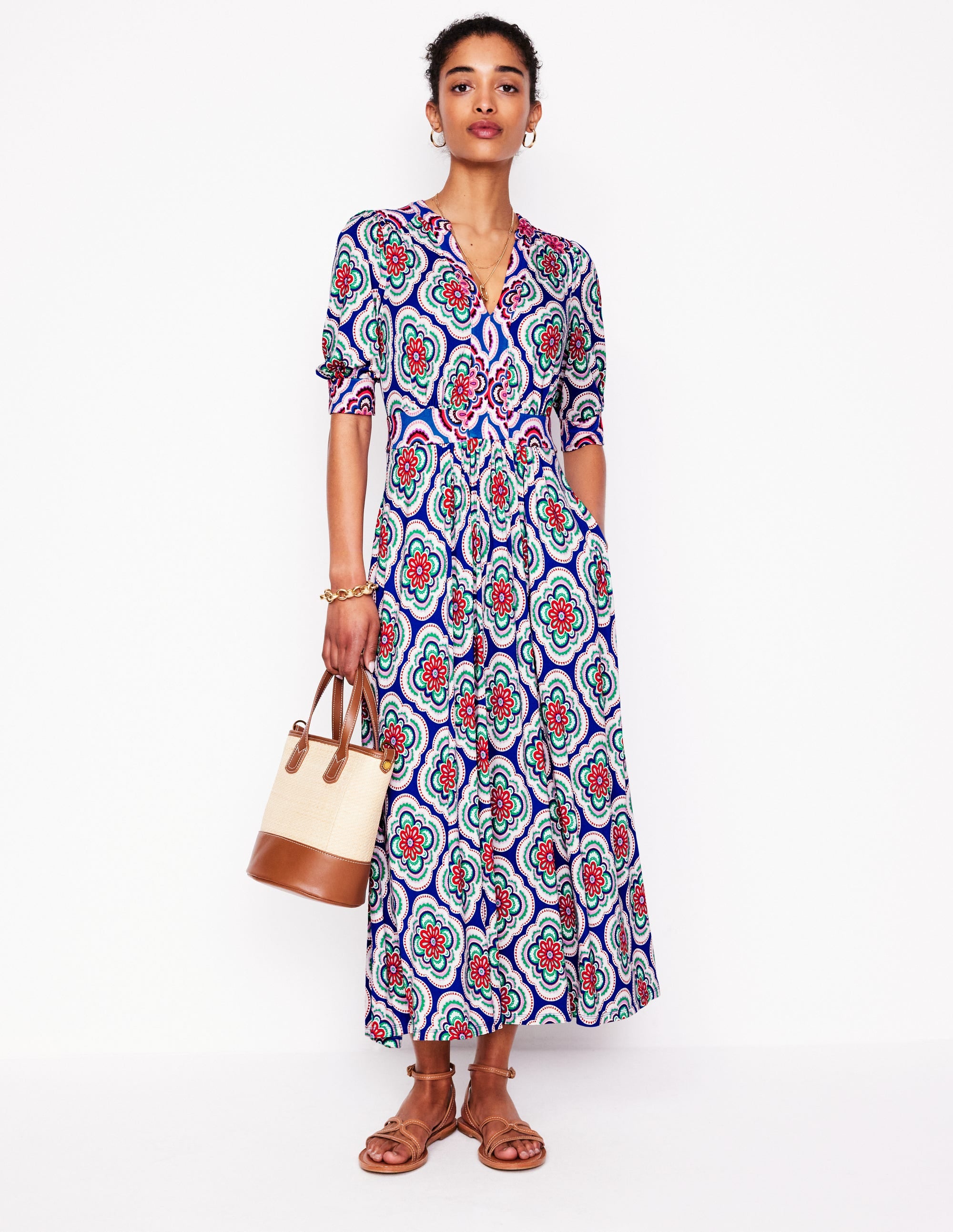 Lily Jersey Midi Tea Dress-Bright Blue, Botanic Blush - Image 1
