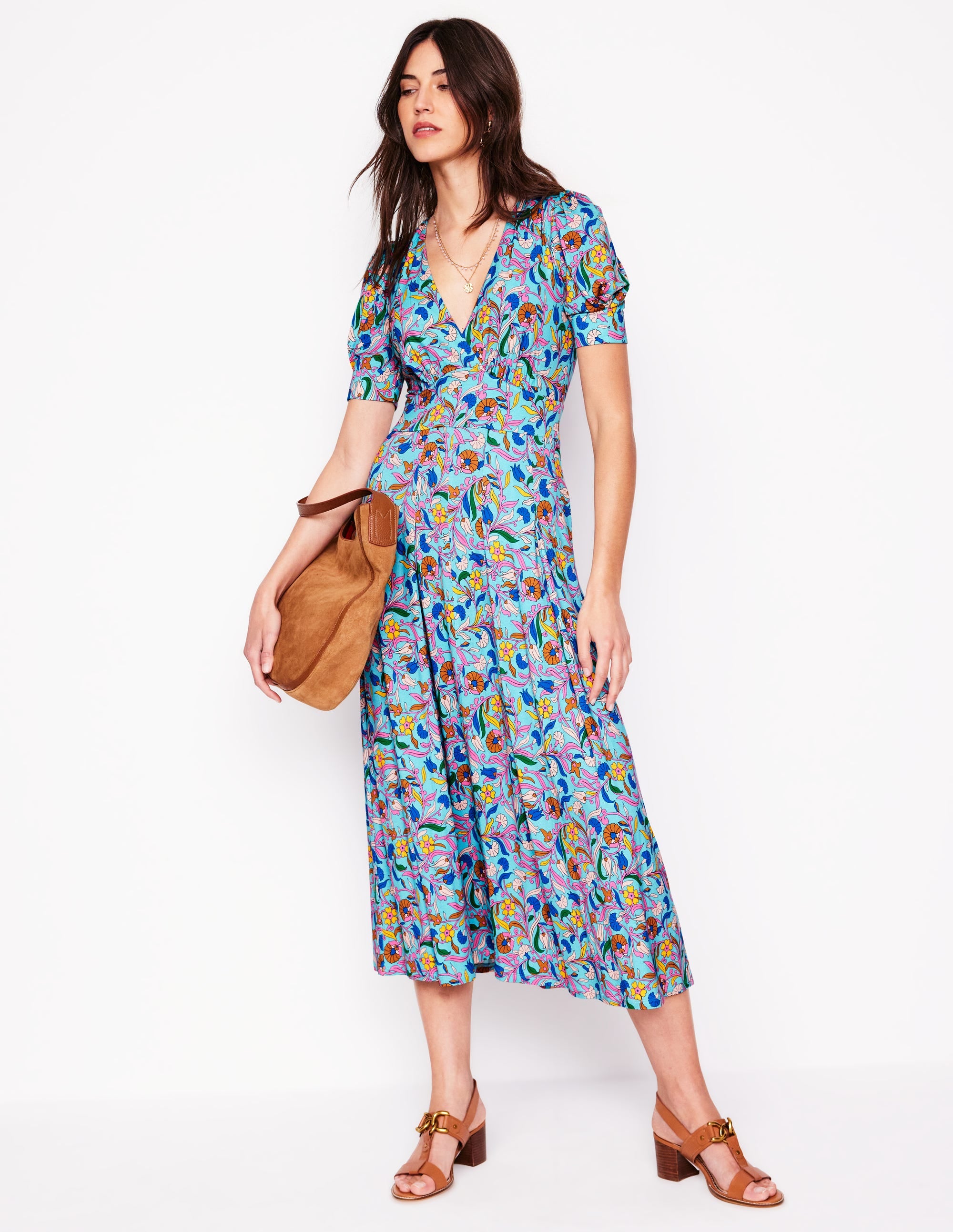 Kristen Pleated Jersey Dress-Blue, Enchanting Vine - Image 1