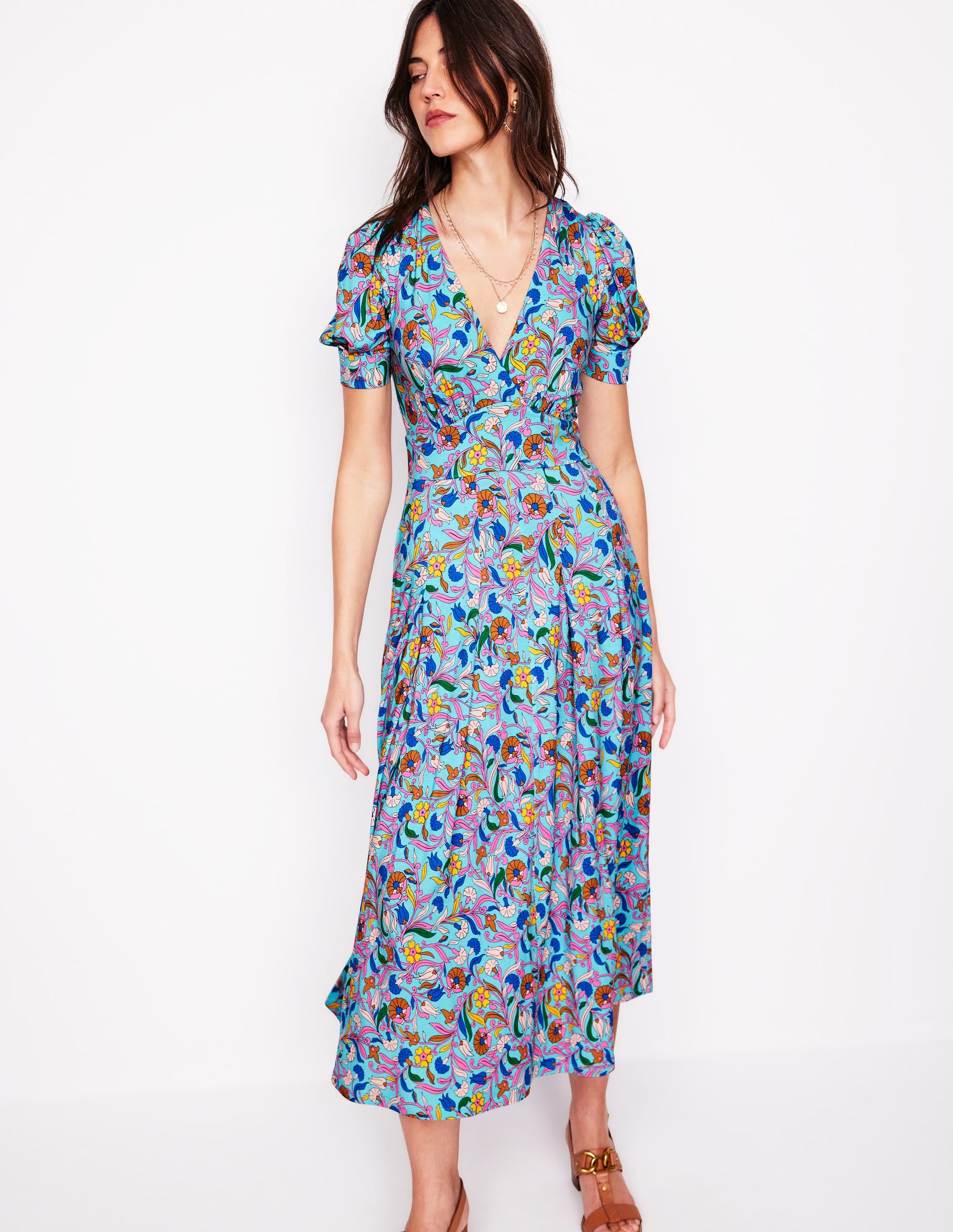 Kristen Pleated Jersey Dress-Blue, Enchanting Vine - Image 4