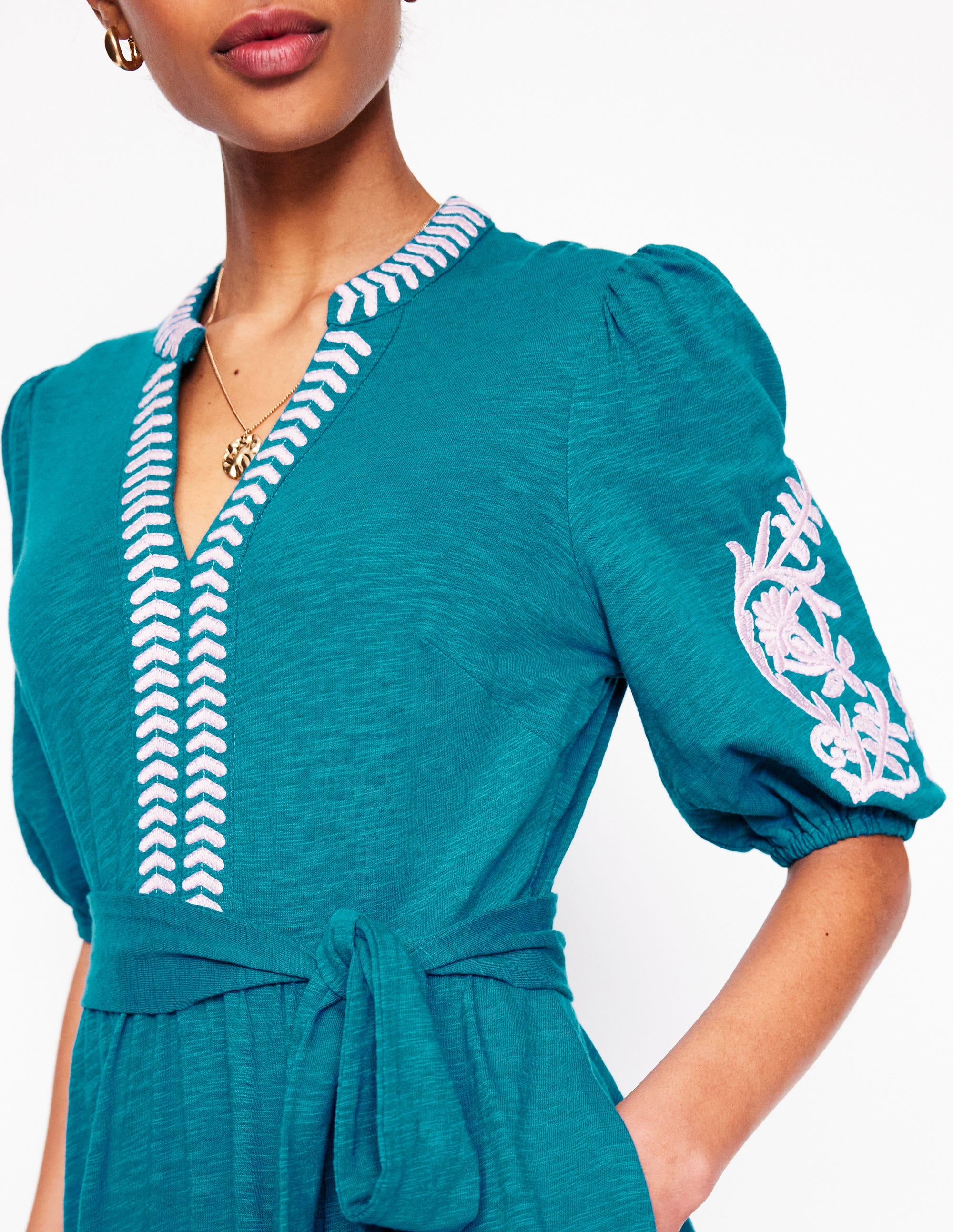 Amara Embroidered Jersey Dress-Deep Sea, Meadowsweet Pink - Image 2