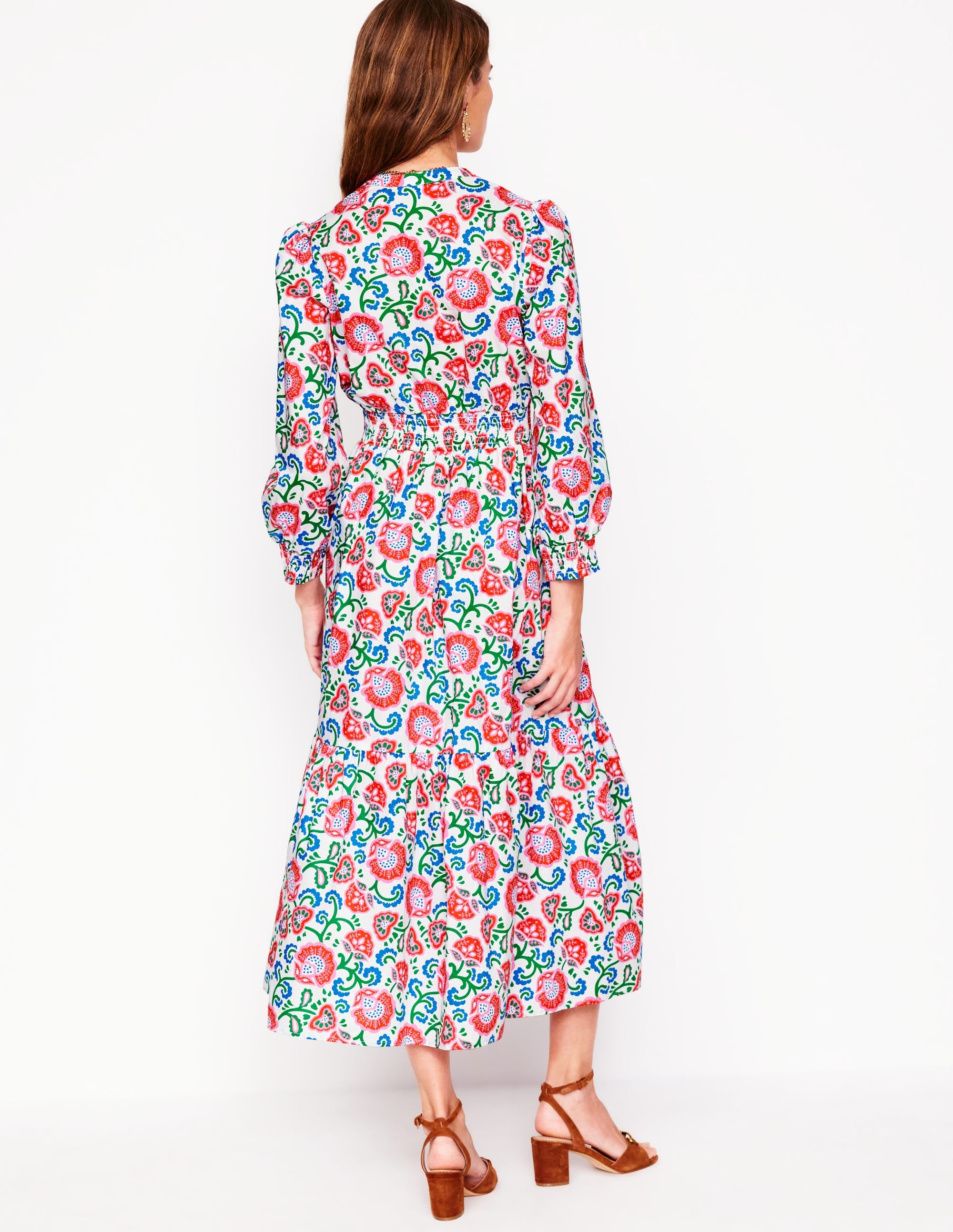 Elena Tiered Cotton Midi Dress-Ivory, Garden Vine - Image 3