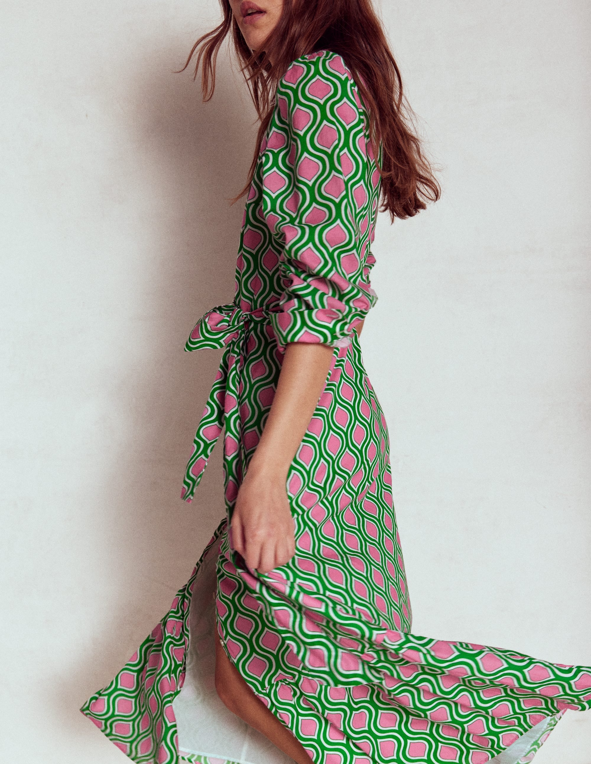 Mia Tiered Shirt Dress-Rich Emerald, Geo Trellis - Image 1