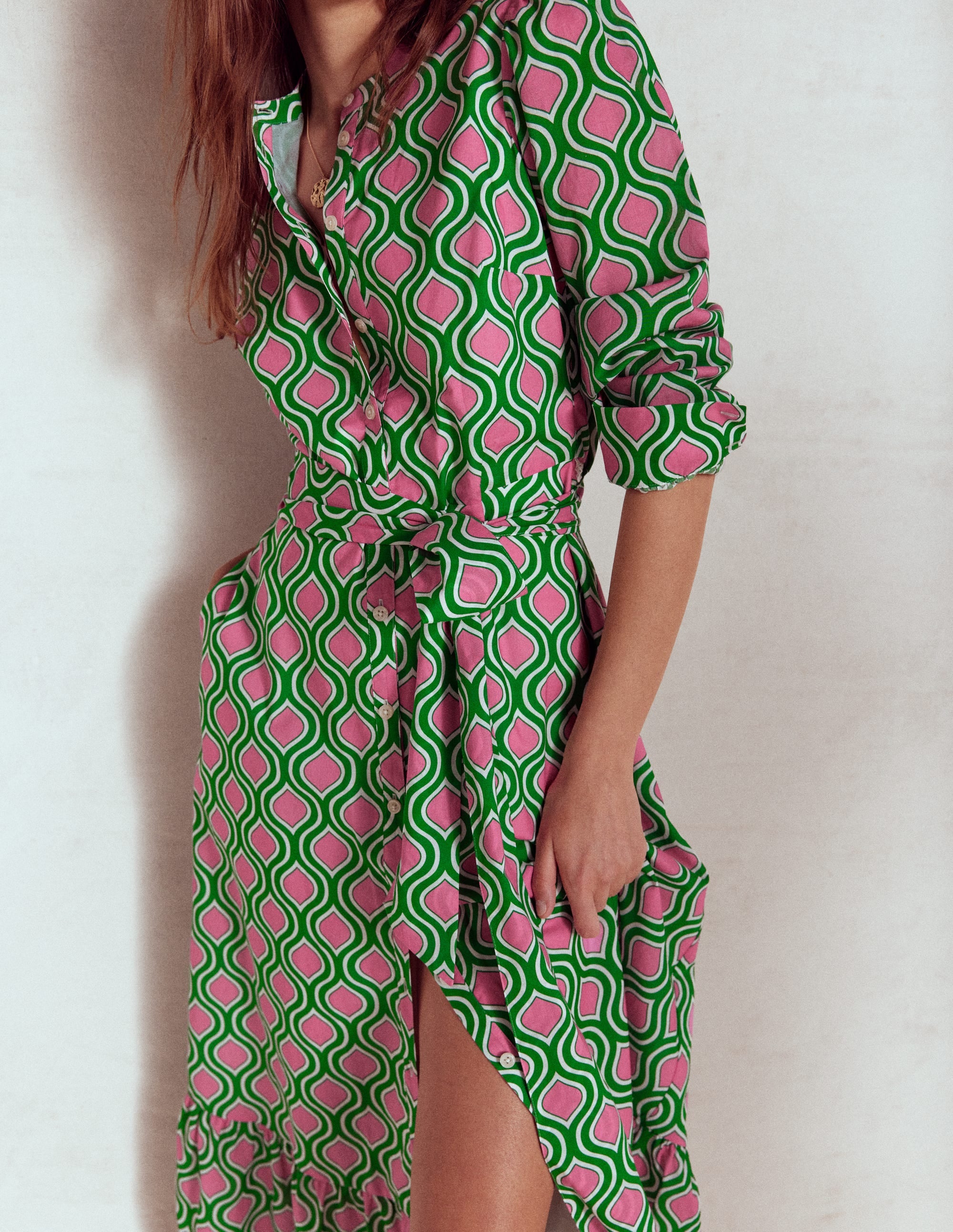 Mia Tiered Shirt Dress-Rich Emerald, Geo Trellis - Image 2