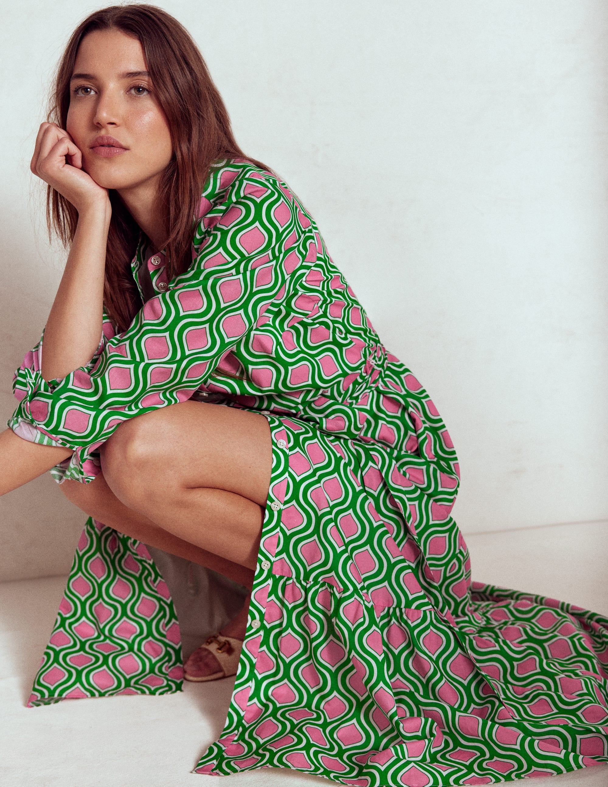 Mia Tiered Shirt Dress-Rich Emerald, Geo Trellis - Image 4