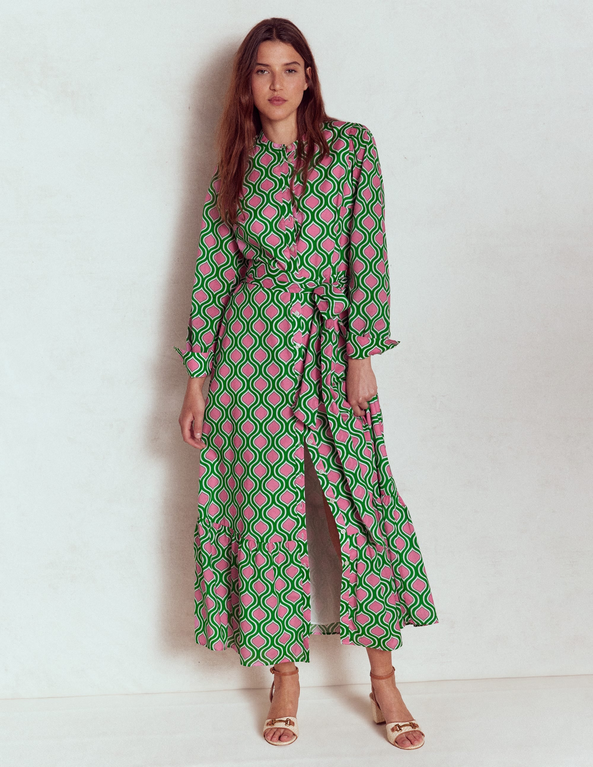 Mia Tiered Shirt Dress-Rich Emerald, Geo Trellis - Image 5