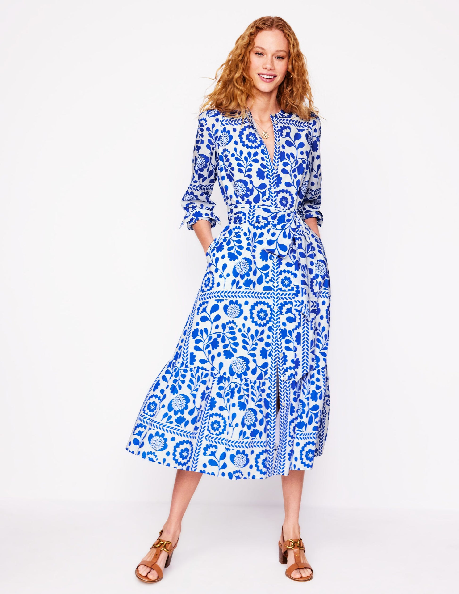Mia Tiered Shirt Dress-Gallery Blue, Vine Tile Boden USA