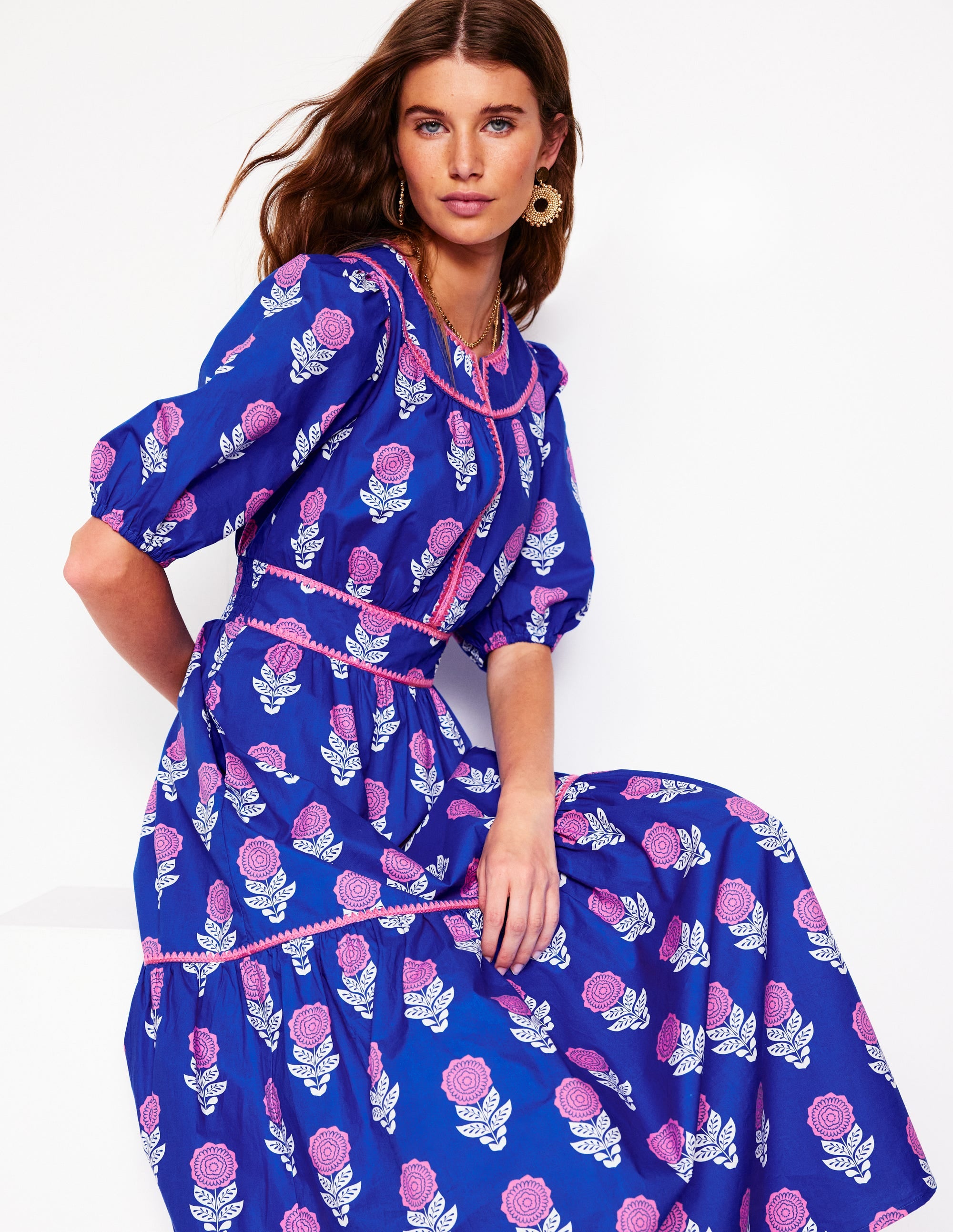 Rhea Embroidered Midi Dress-Gallery Blue, Dahlia Sprig - Image 1
