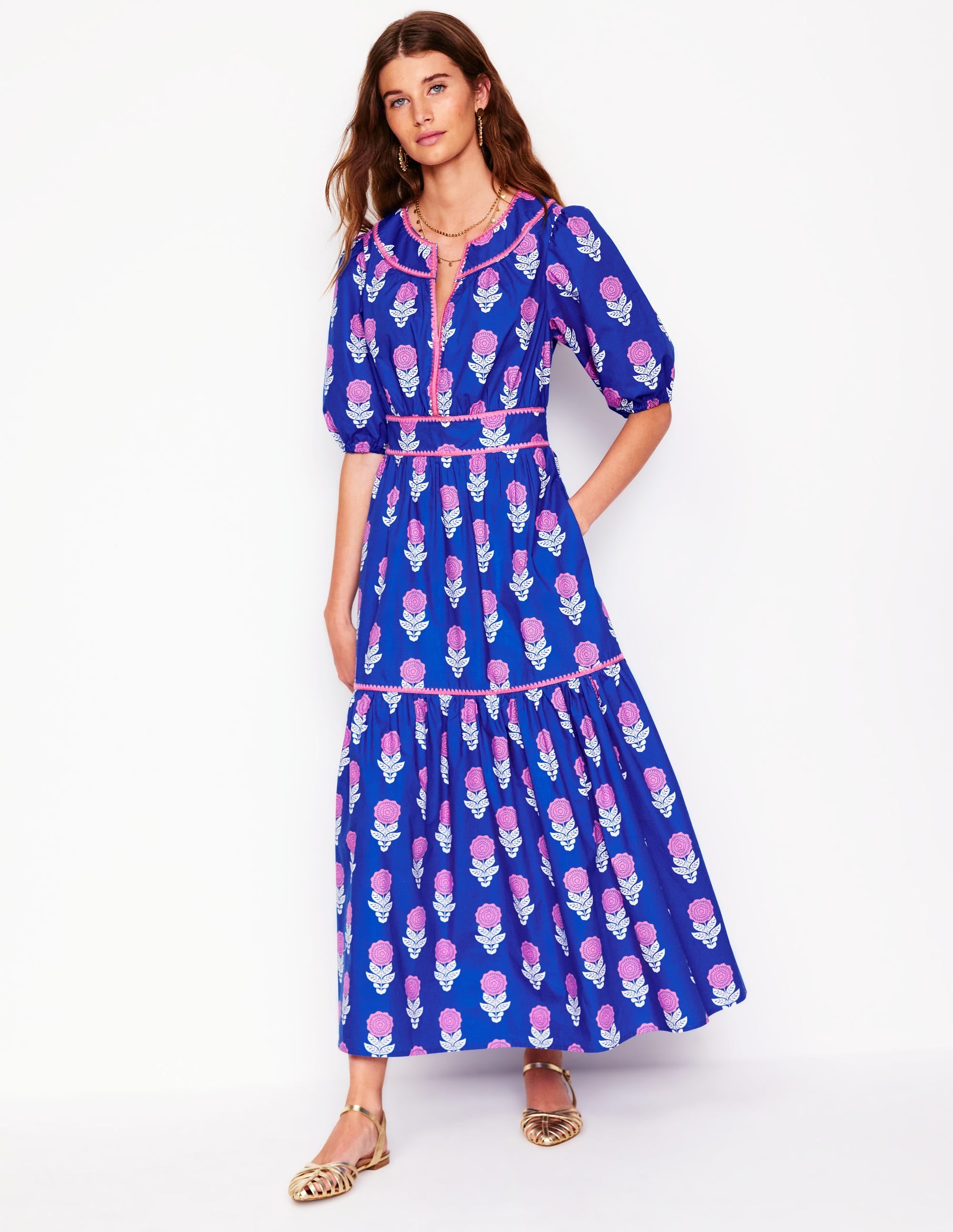 Rhea Embroidered Midi Dress-Gallery Blue, Dahlia Sprig - Image 4
