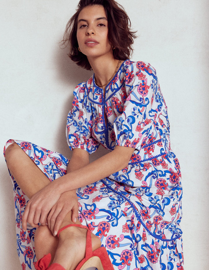 Rhea Embroidered Midi Dress-Ivory, Foliage Trail