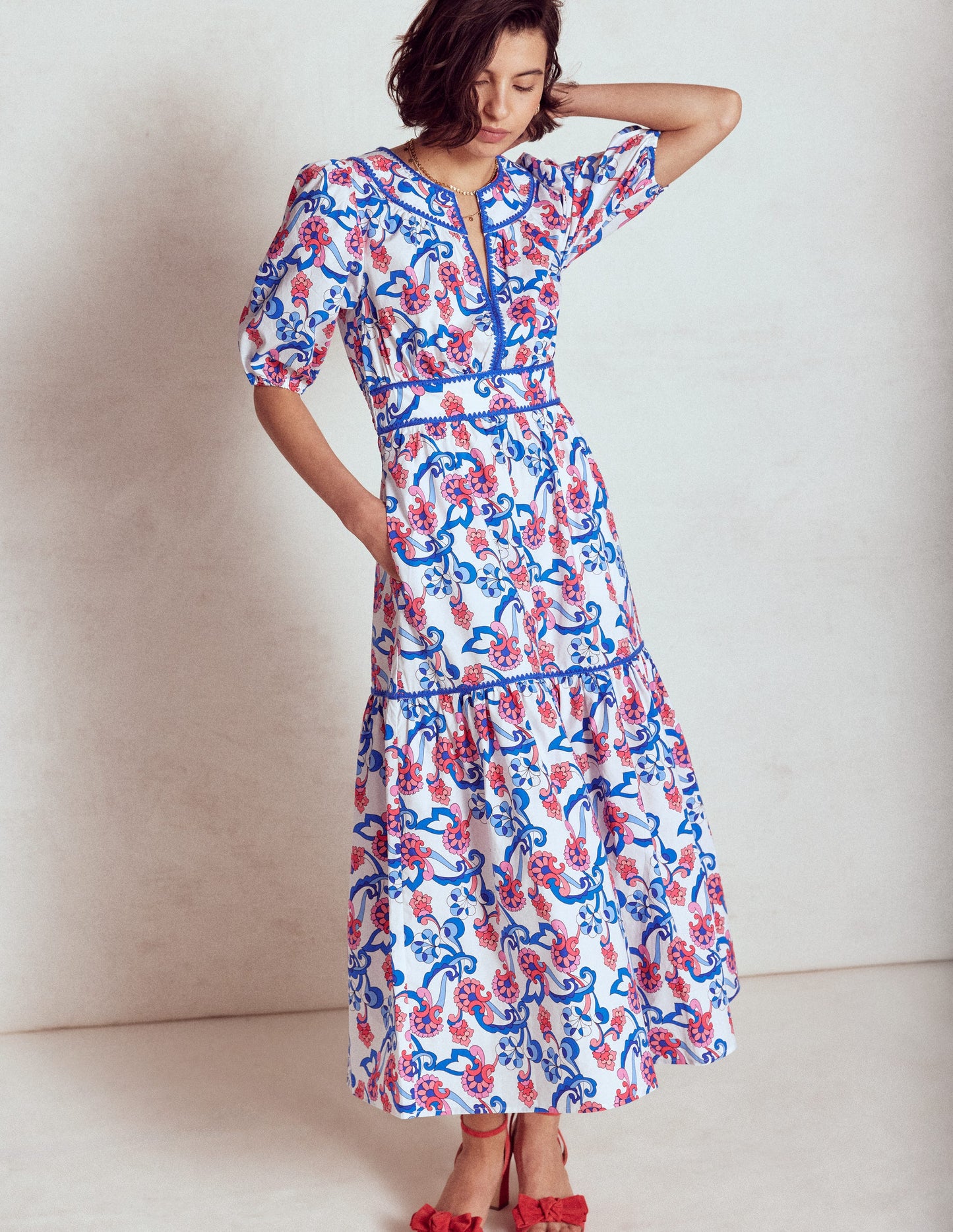 Rhea Embroidered Midi Dress-Ivory, Foliage Trail