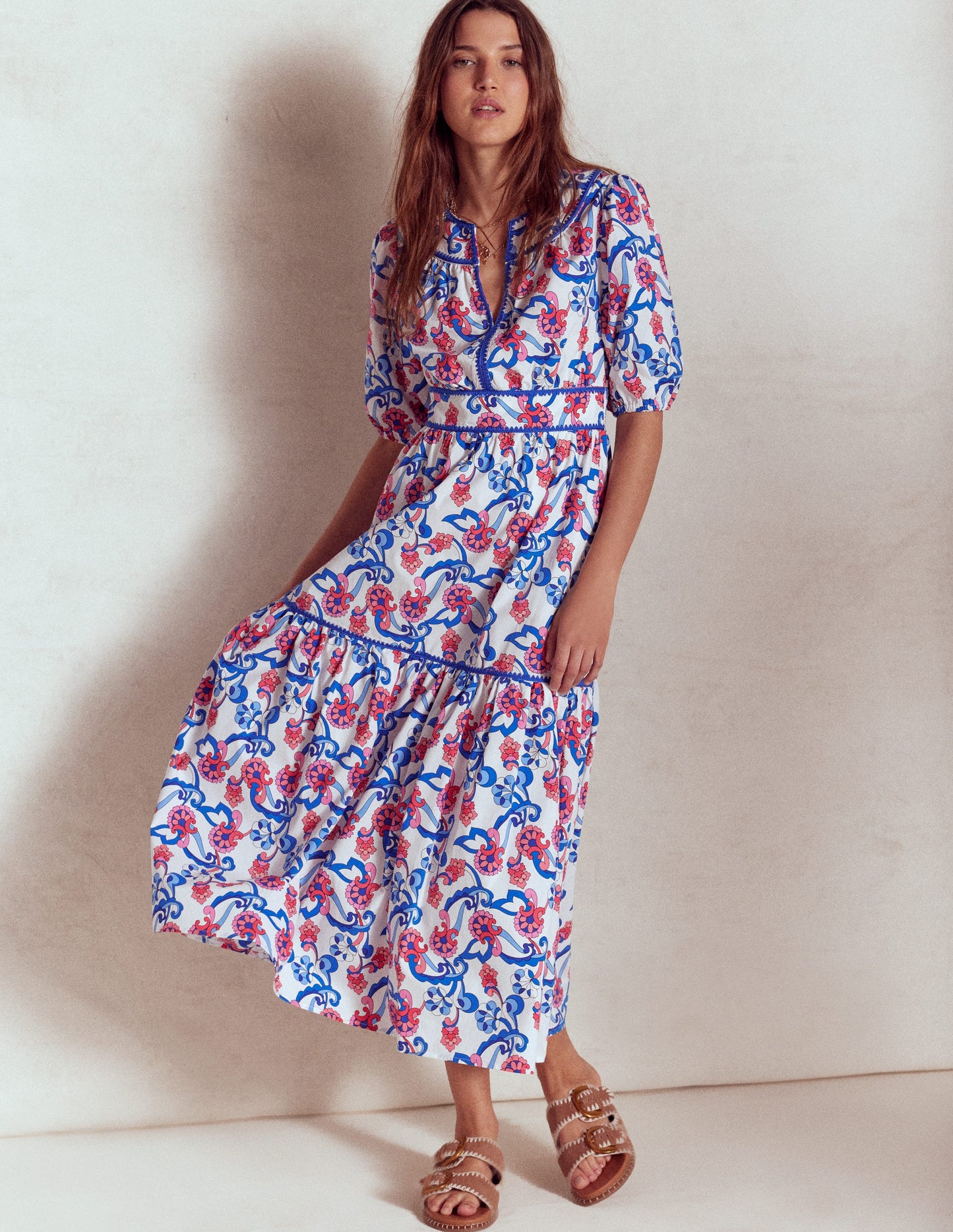 Rhea Embroidered Midi Dress-Ivory, Foliage Trail