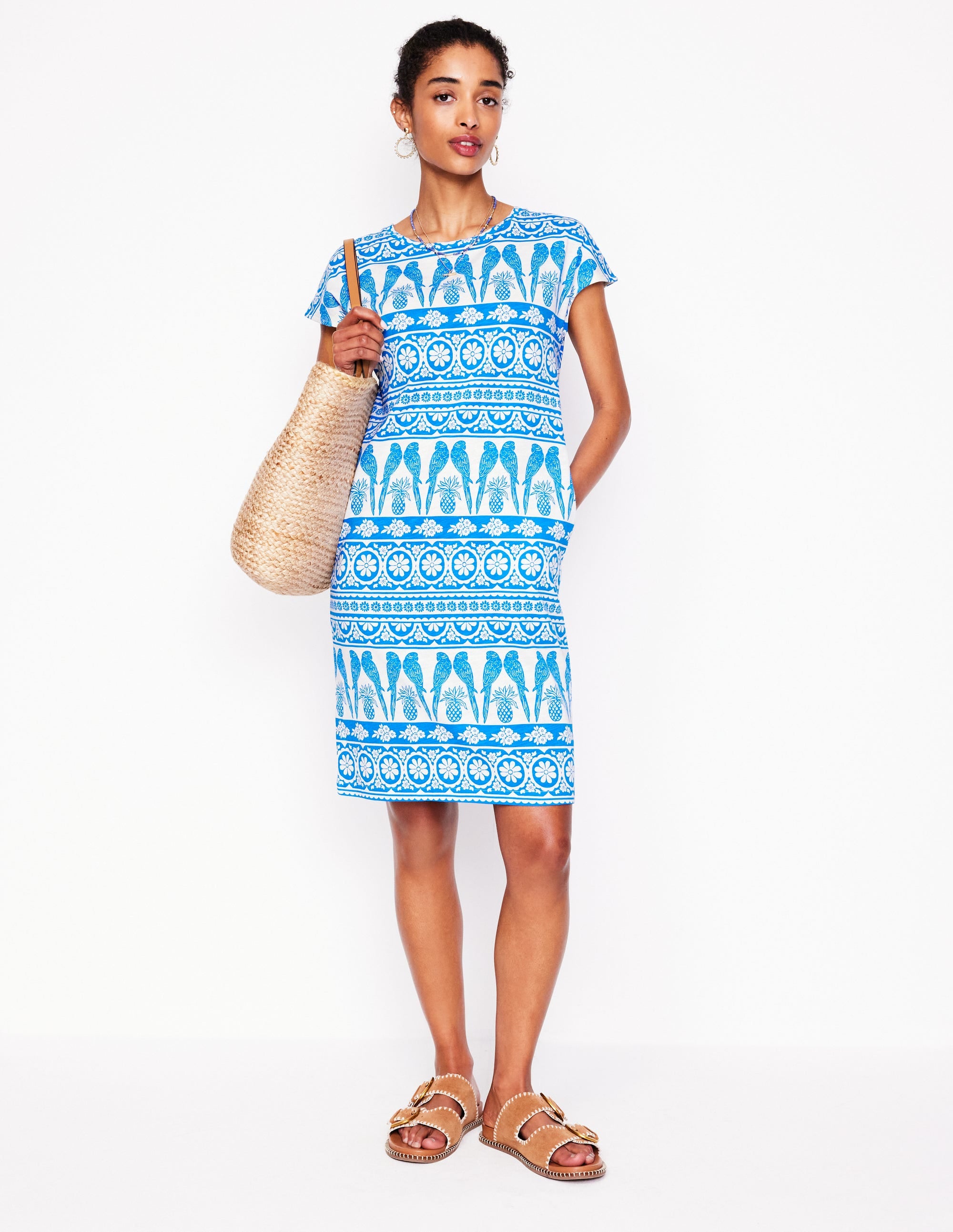Leah Jersey T-shirt Dress-Cerulean Blue, Ornate Tropic - Image 1