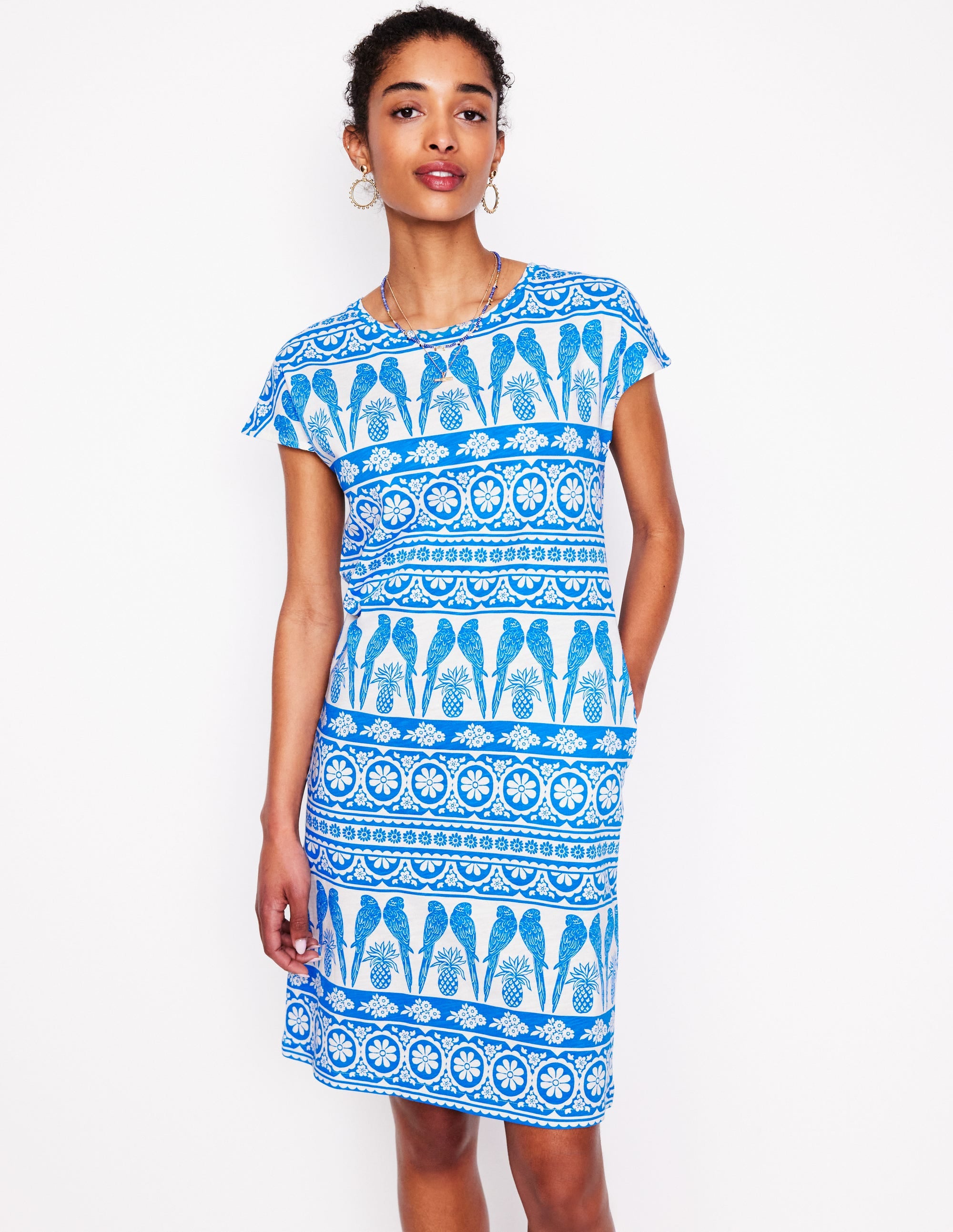 Leah Jersey T-shirt Dress-Cerulean Blue, Ornate Tropic - Image 4