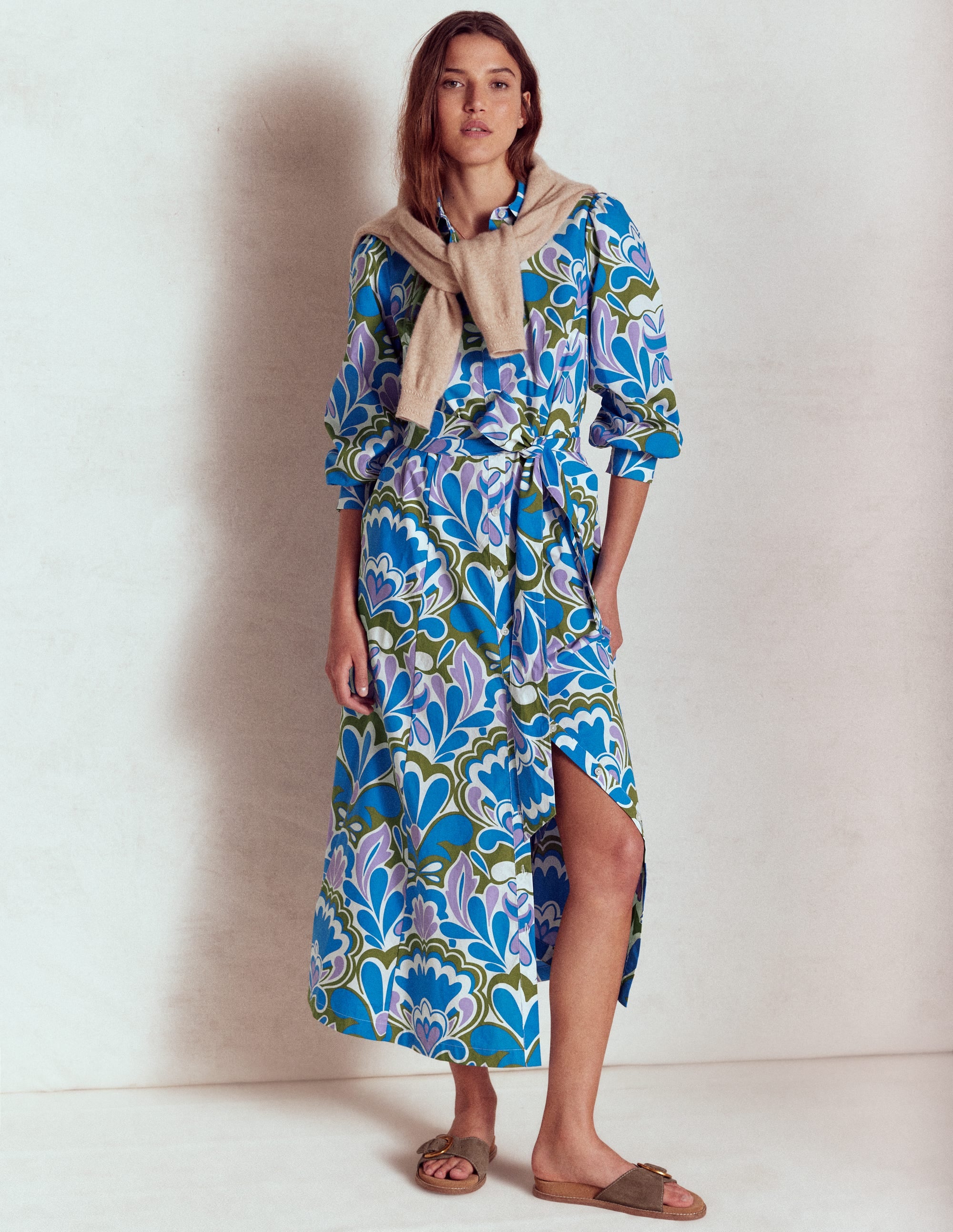 Clara Cotton Shirt Dress-Kingfisher Blue, Freesia Stamp - Image 7