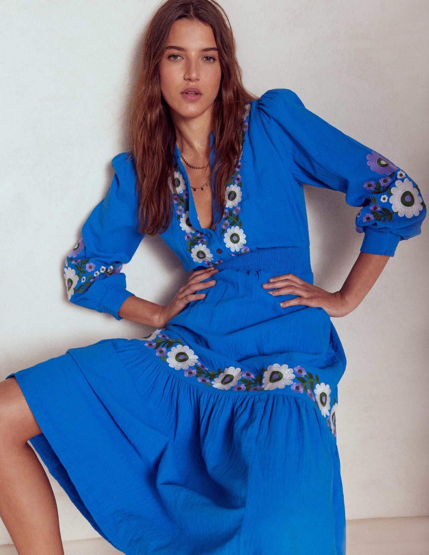 Elena Double Cloth Midi Dress-Blue Embroidery