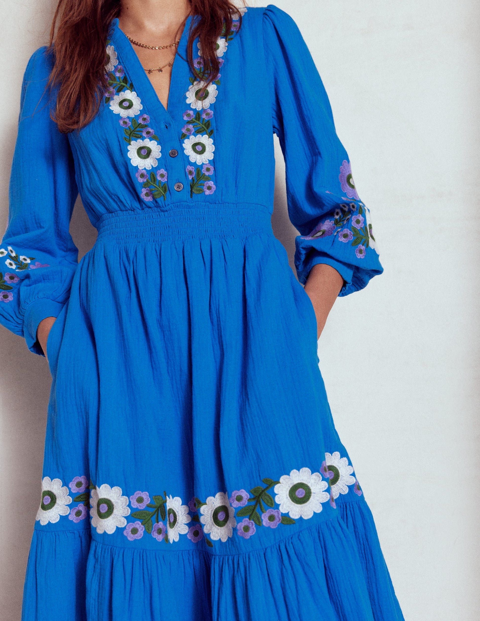 Elena Double Cloth Midi Dress-Blue Embroidery-4