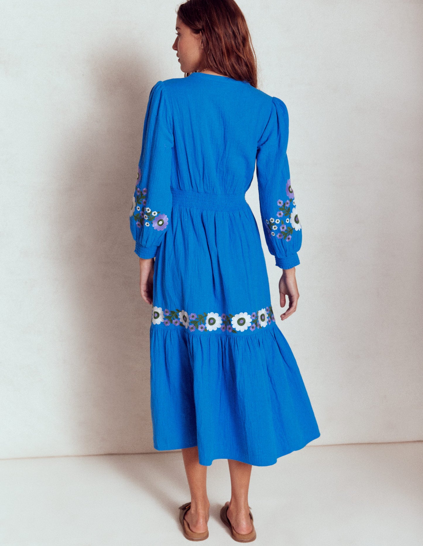 Elena Double Cloth Midi Dress-Blue Embroidery