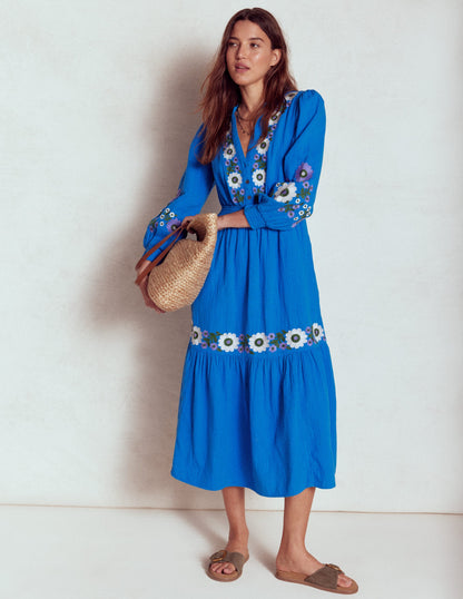 Elena Double Cloth Midi Dress-Blue Embroidery-6